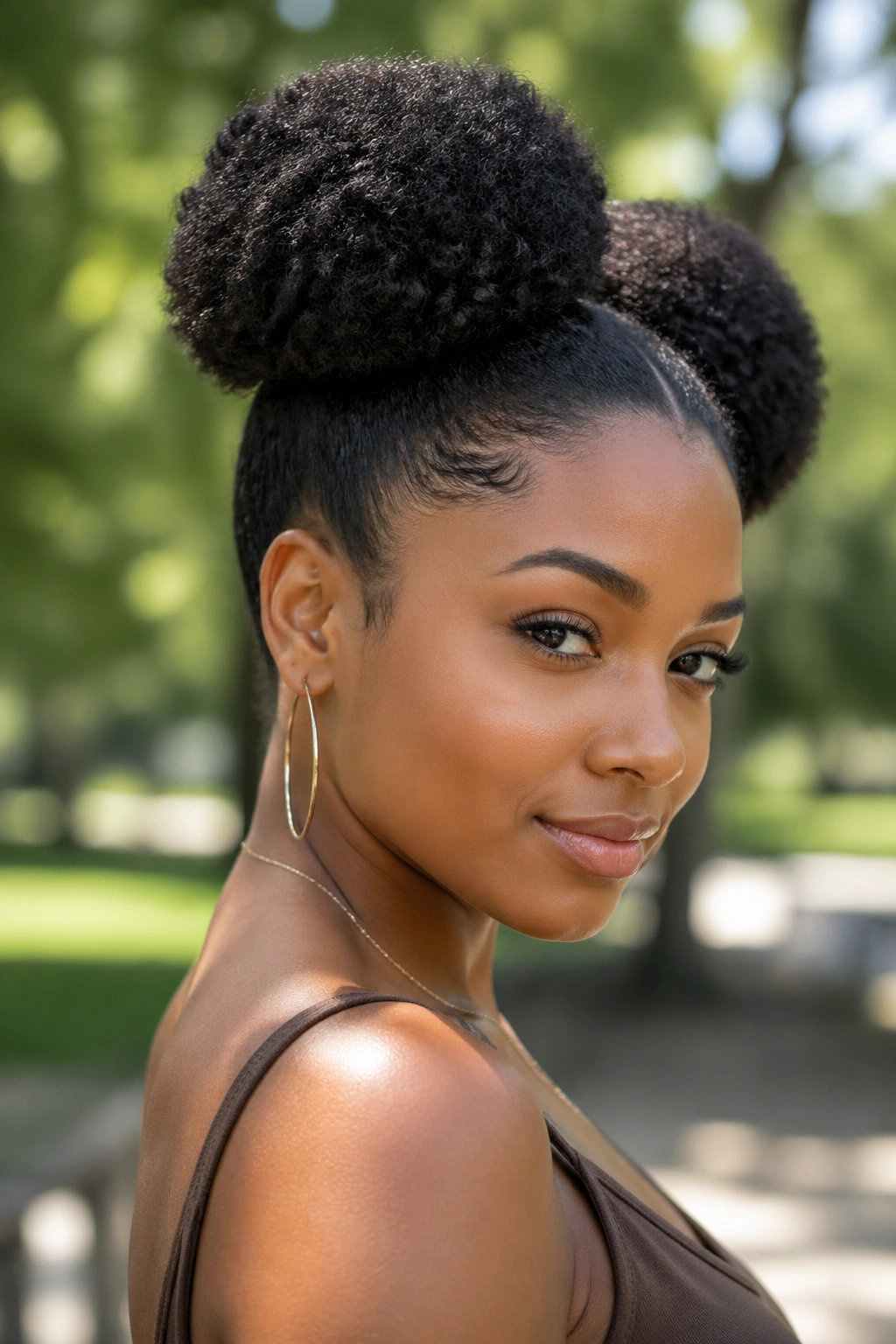 Close-up of a real woman with two puff hairstyles on afro hair in natural daylight.
