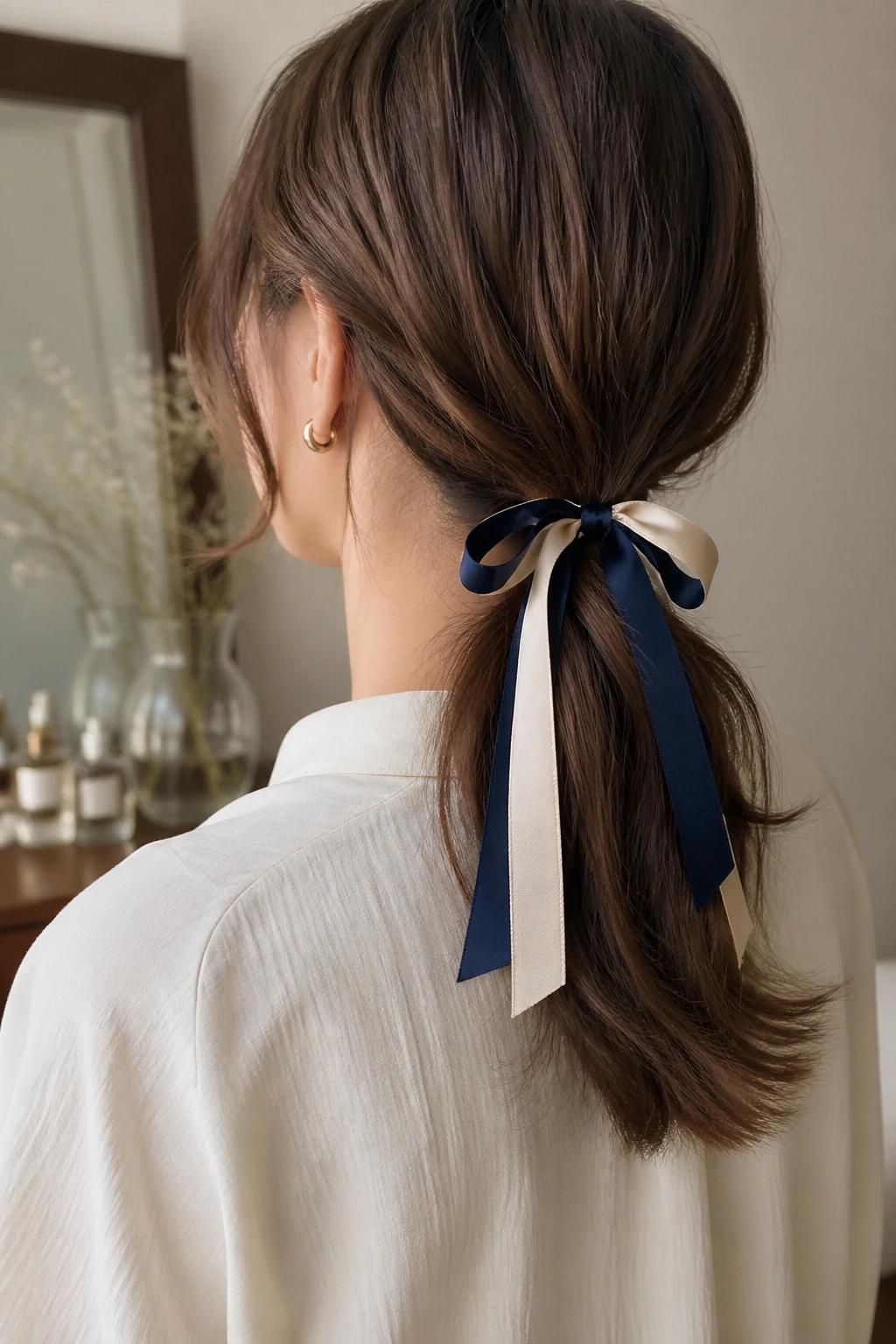 Rear three-quarter view of a real person's low ponytail with two ribbons tied around the elastic