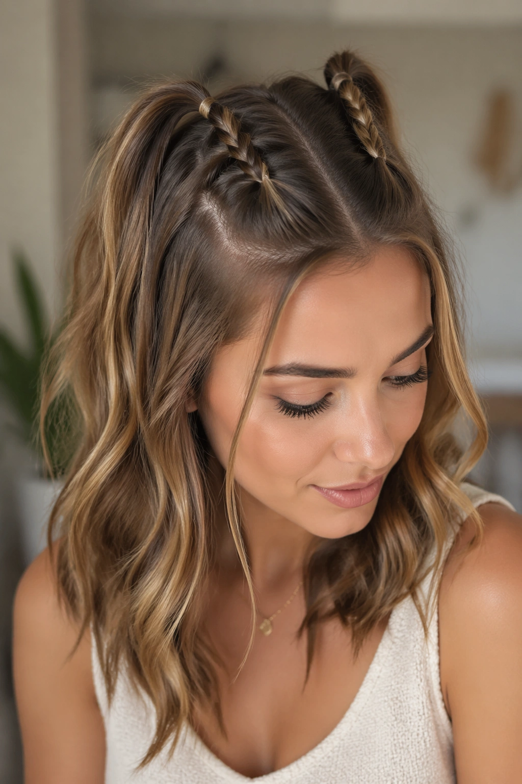 Close-up portrait of a real person showing two rope twists forming half-up pigtails