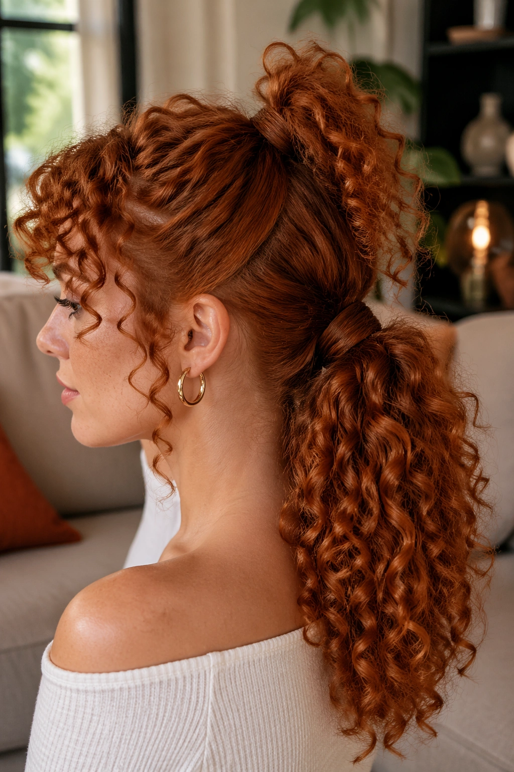 Real woman with curly double-section ponytail