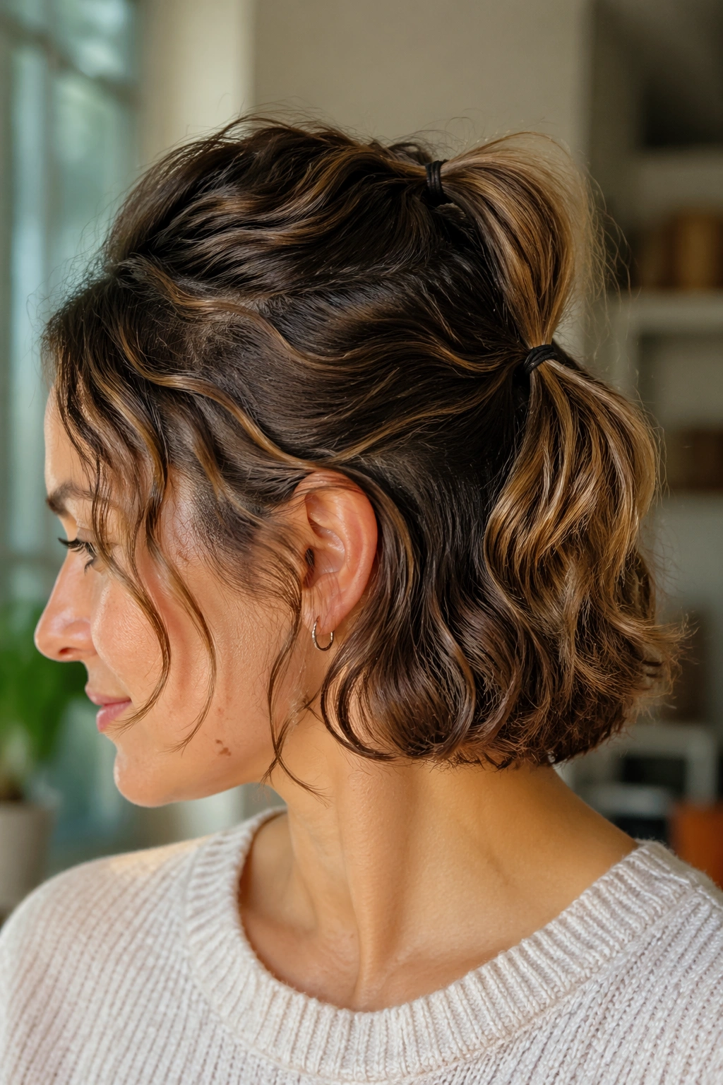 Close-up of a real woman with a double-section ponytail for extra grip