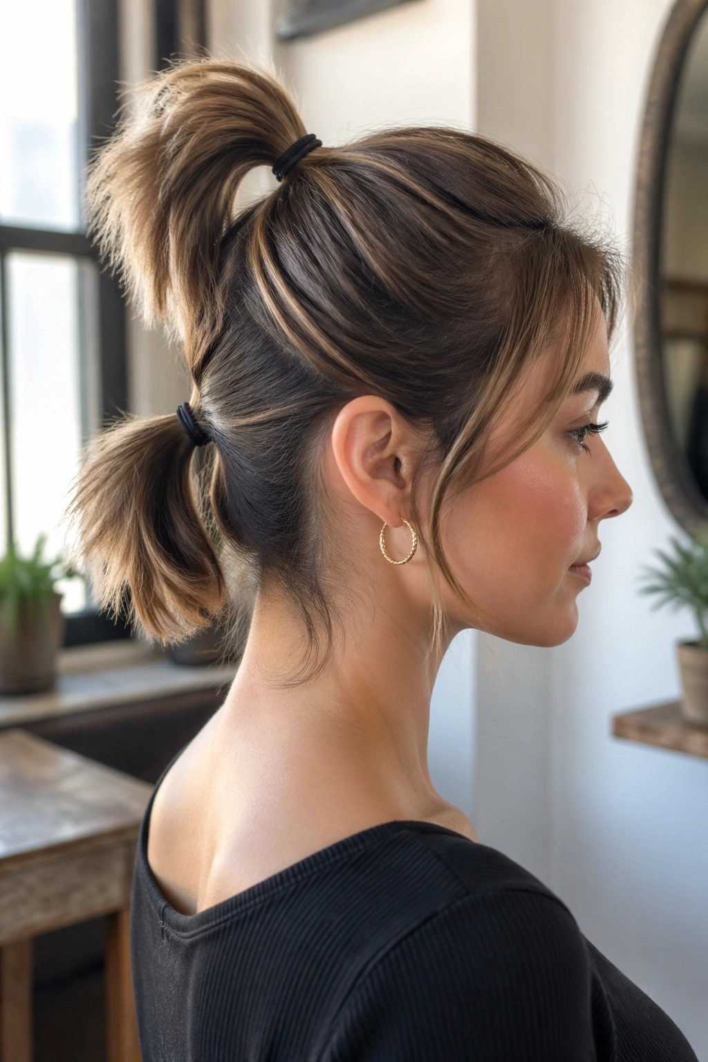 Real woman with two-tier ponytails showing short layer management