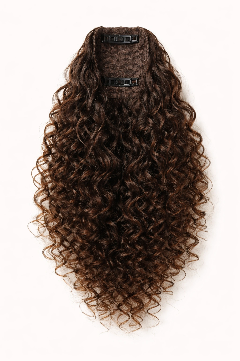 Curly ponytail extension with two attachment clips at the base.