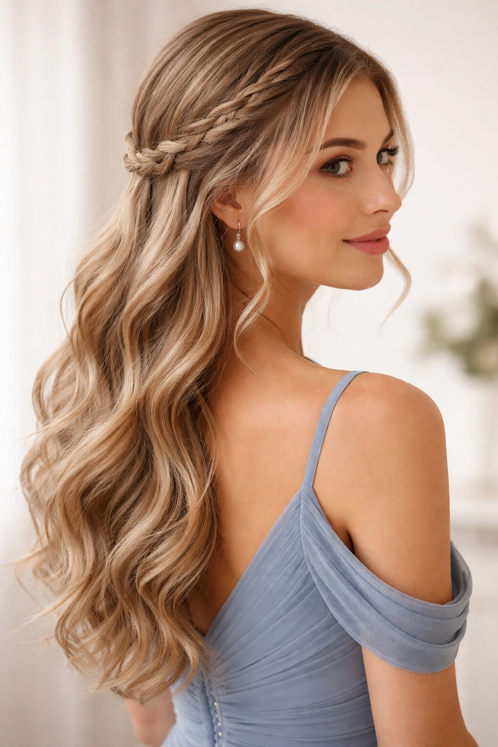 Bridesmaid with double side braids meeting at the back