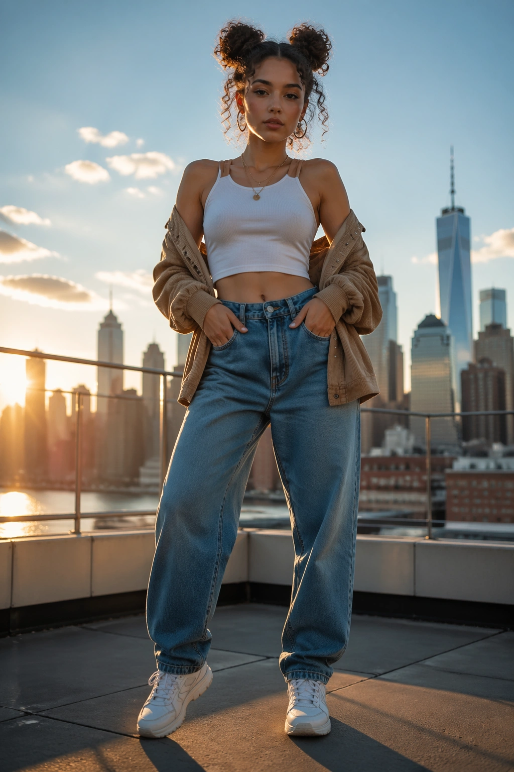 Person with double space buns outdoors at golden hour.
