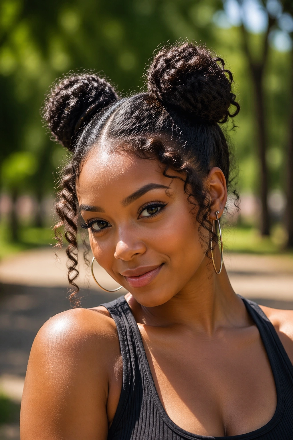 Close-up of double space buns on a real Black woman's head outdoors