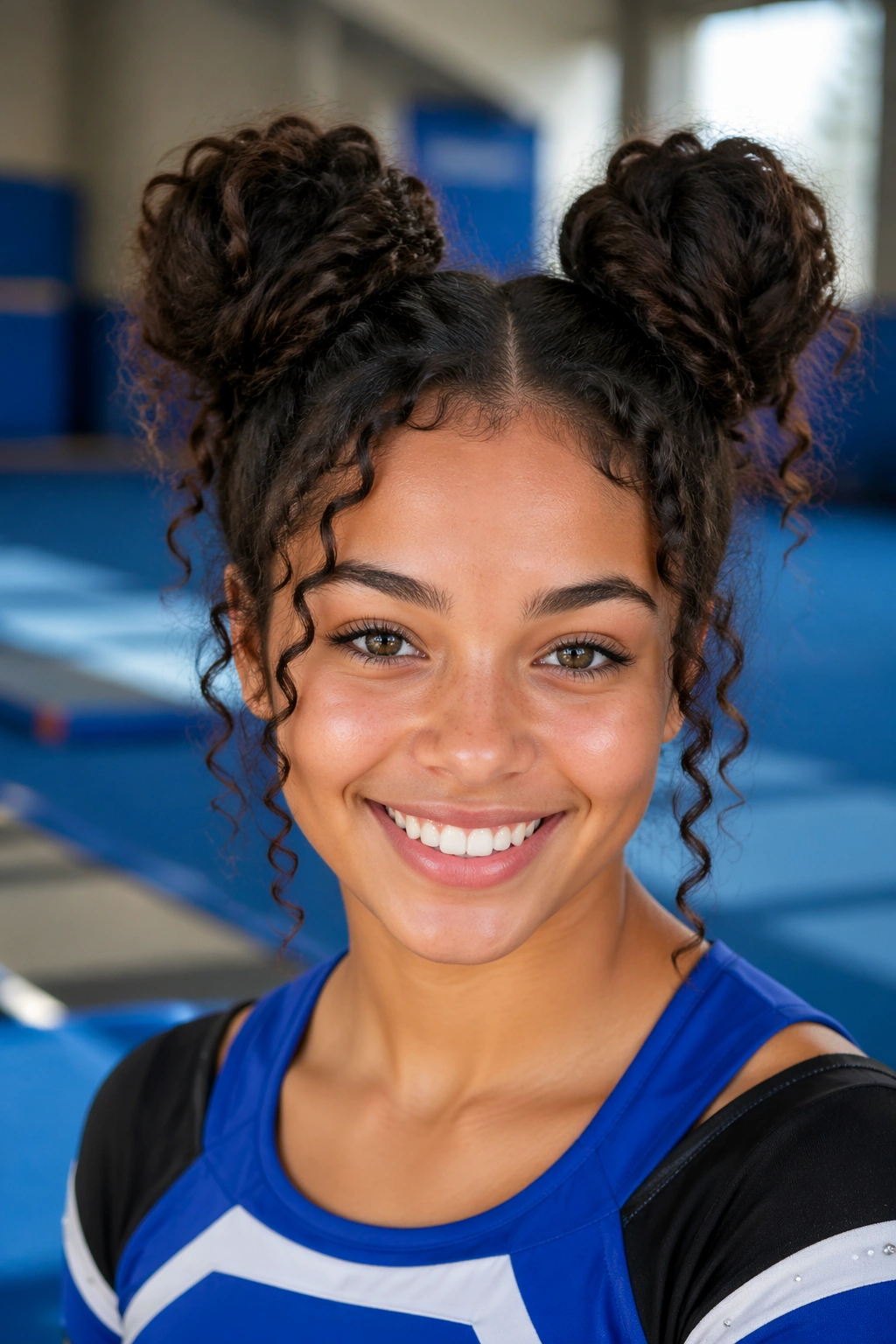 Close-up of a cheerleader with double space buns in a gym
