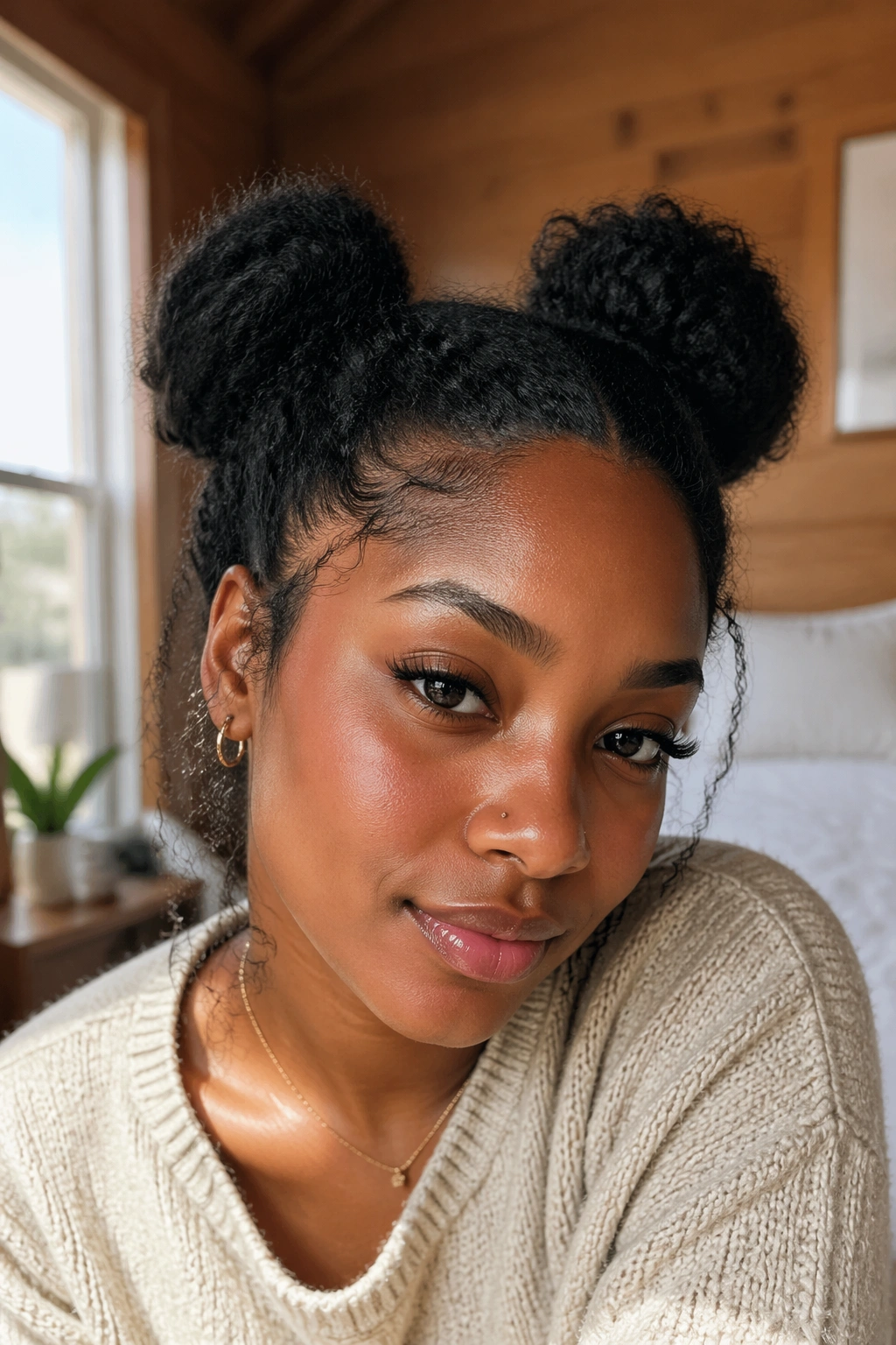 Close-up portrait of a real Black woman with double space buns in a softly lit bedroom