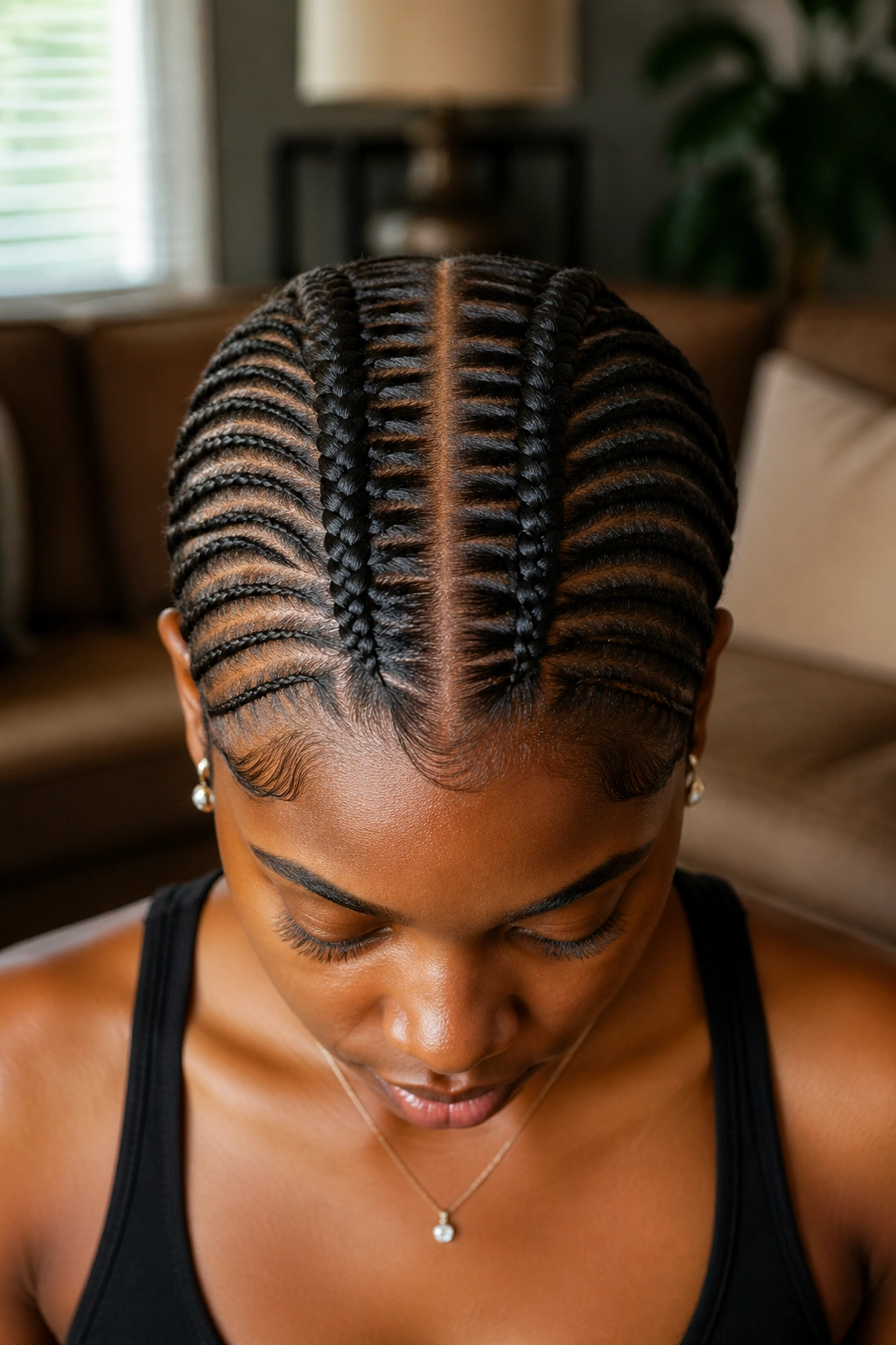 Close-up of a real woman's head showing two parallel spine fishbone cornrows on the crown.