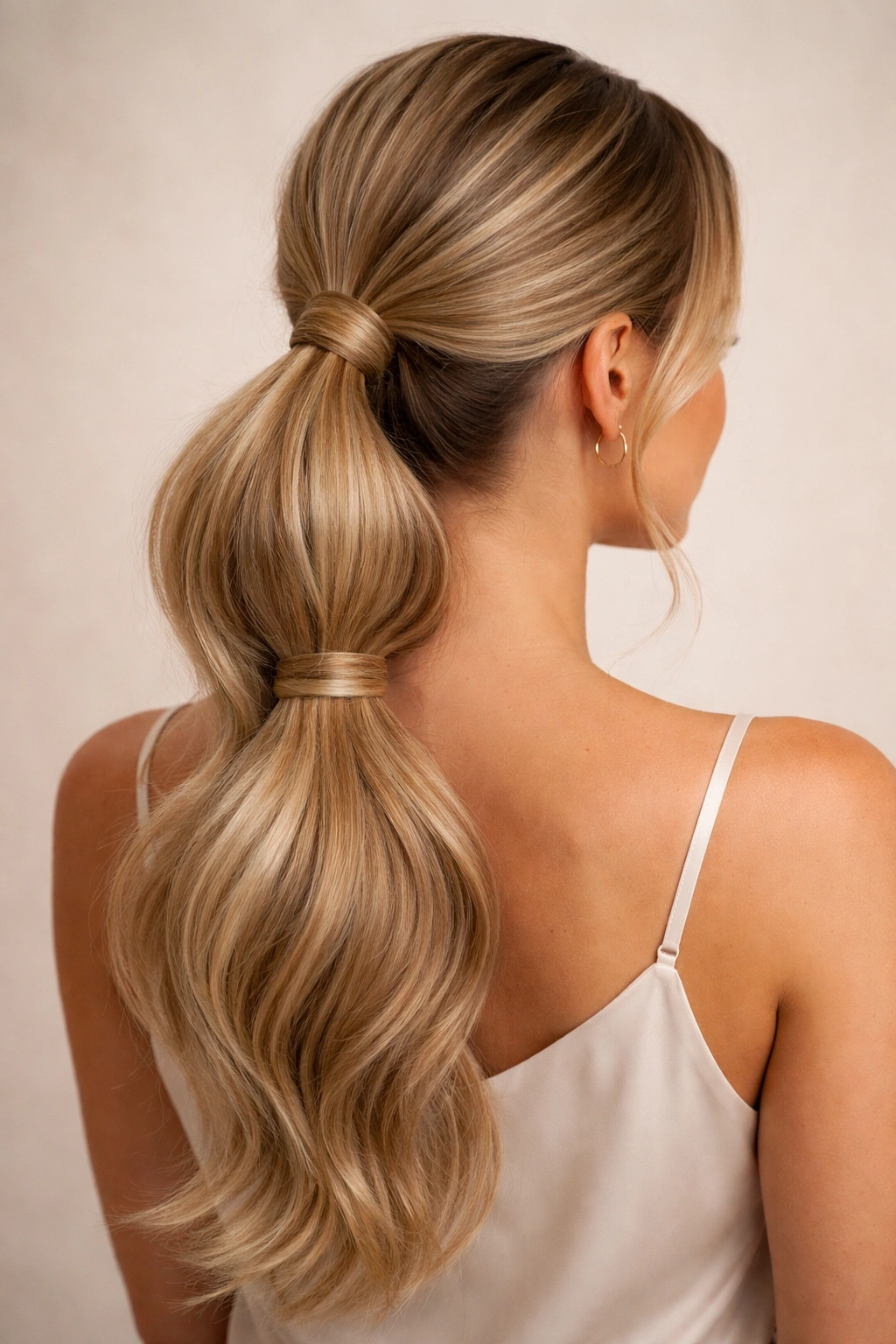 Two stacked low ponytails creating a thick, dense tail