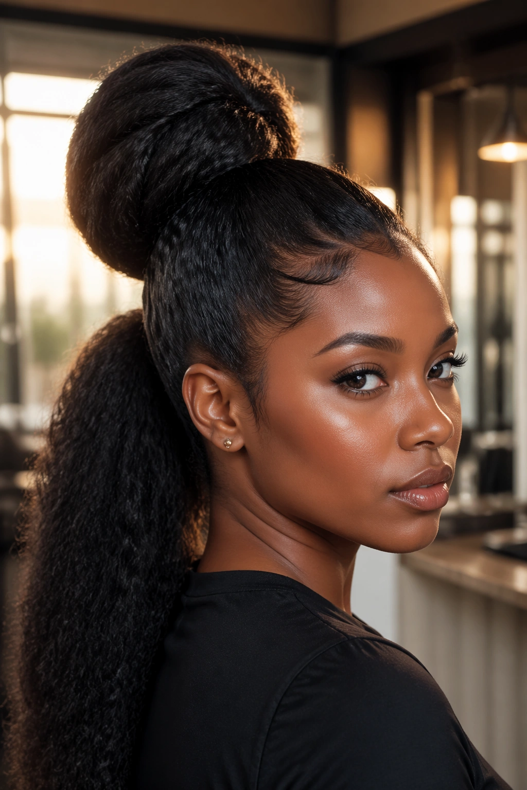 Close-up portrait of a real woman with double stacked ponytails on natural hair