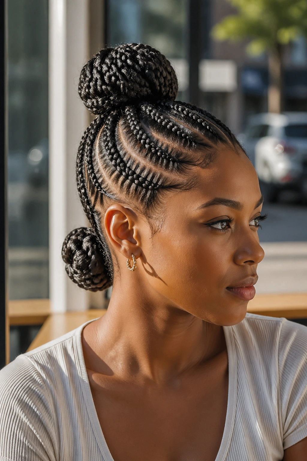 Close-up of real woman with double stitch cornrow buns