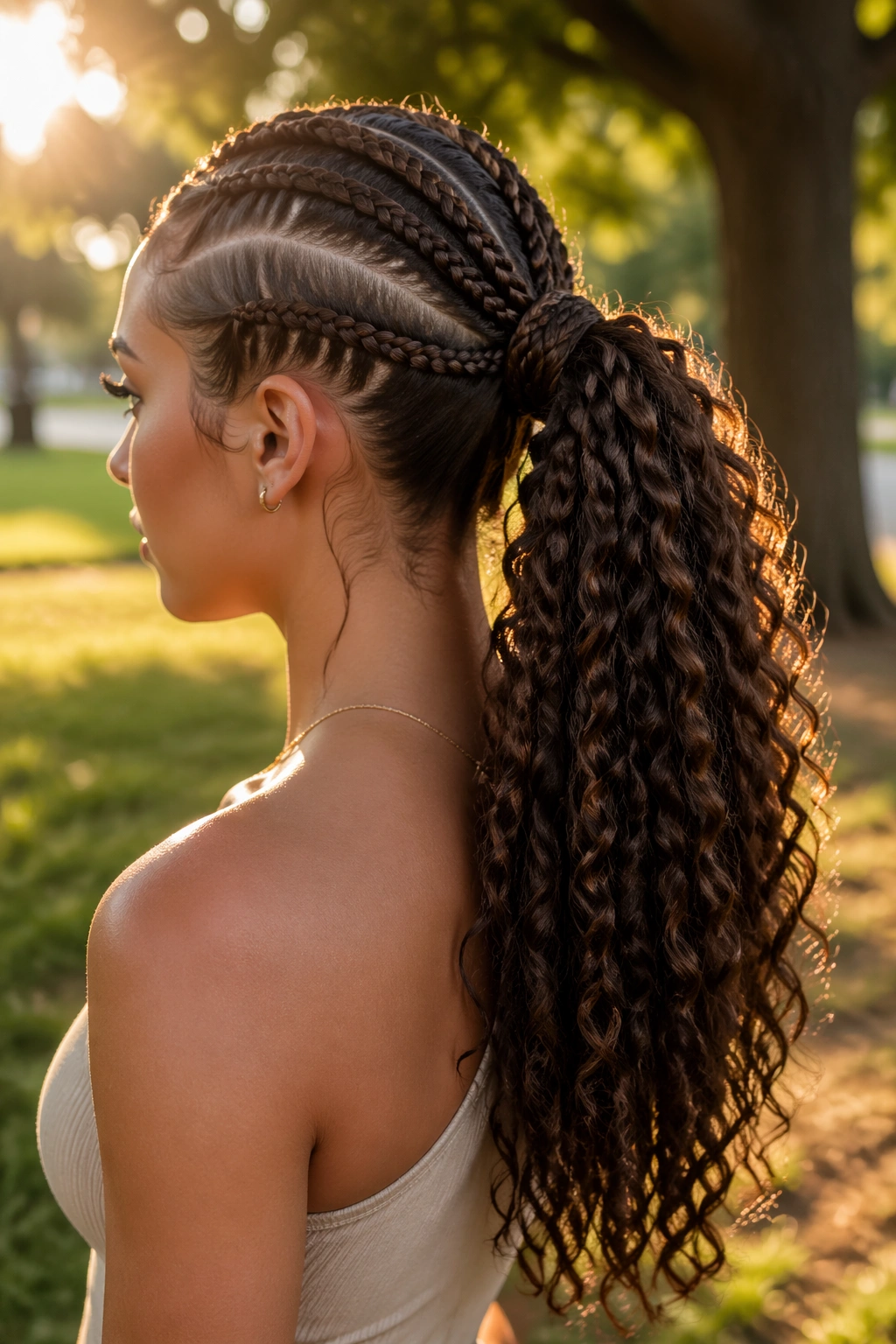 Double stitch braid ponytail outdoor golden hour.