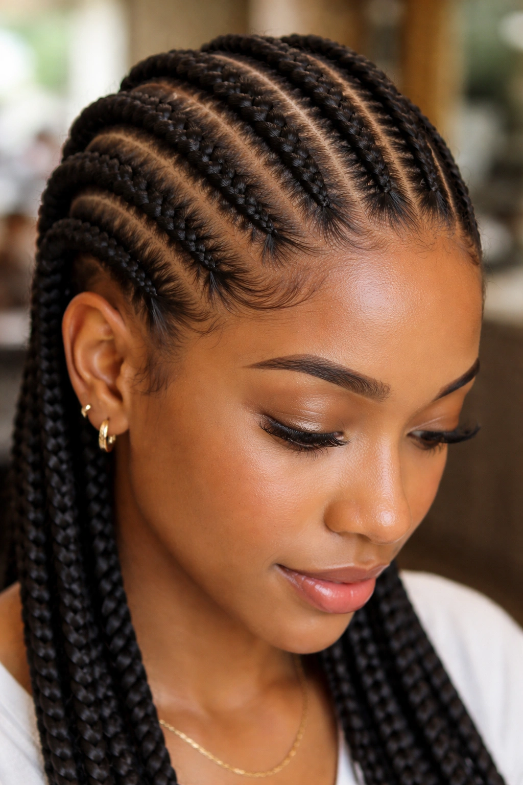 Close-up of cornrows starting with double-stitched starts on a real person