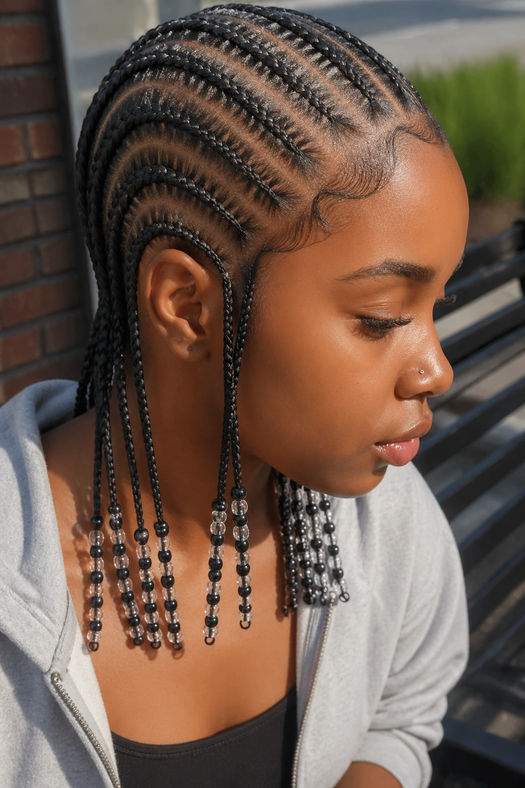 Cornrows ending in double-strand beaded ends on a real person.