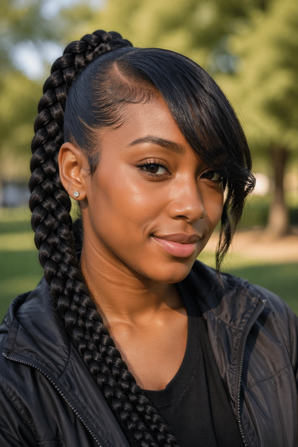 Close-up of a real woman with a double-strand braided ponytail and side fringe