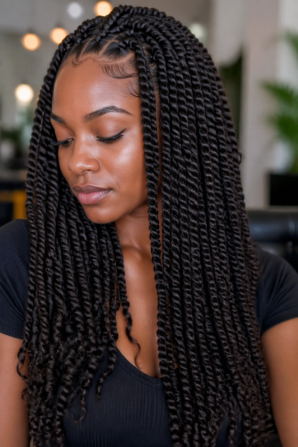 Close-up of double-strand crochet twists on a real woman's Afro hair in a salon setting