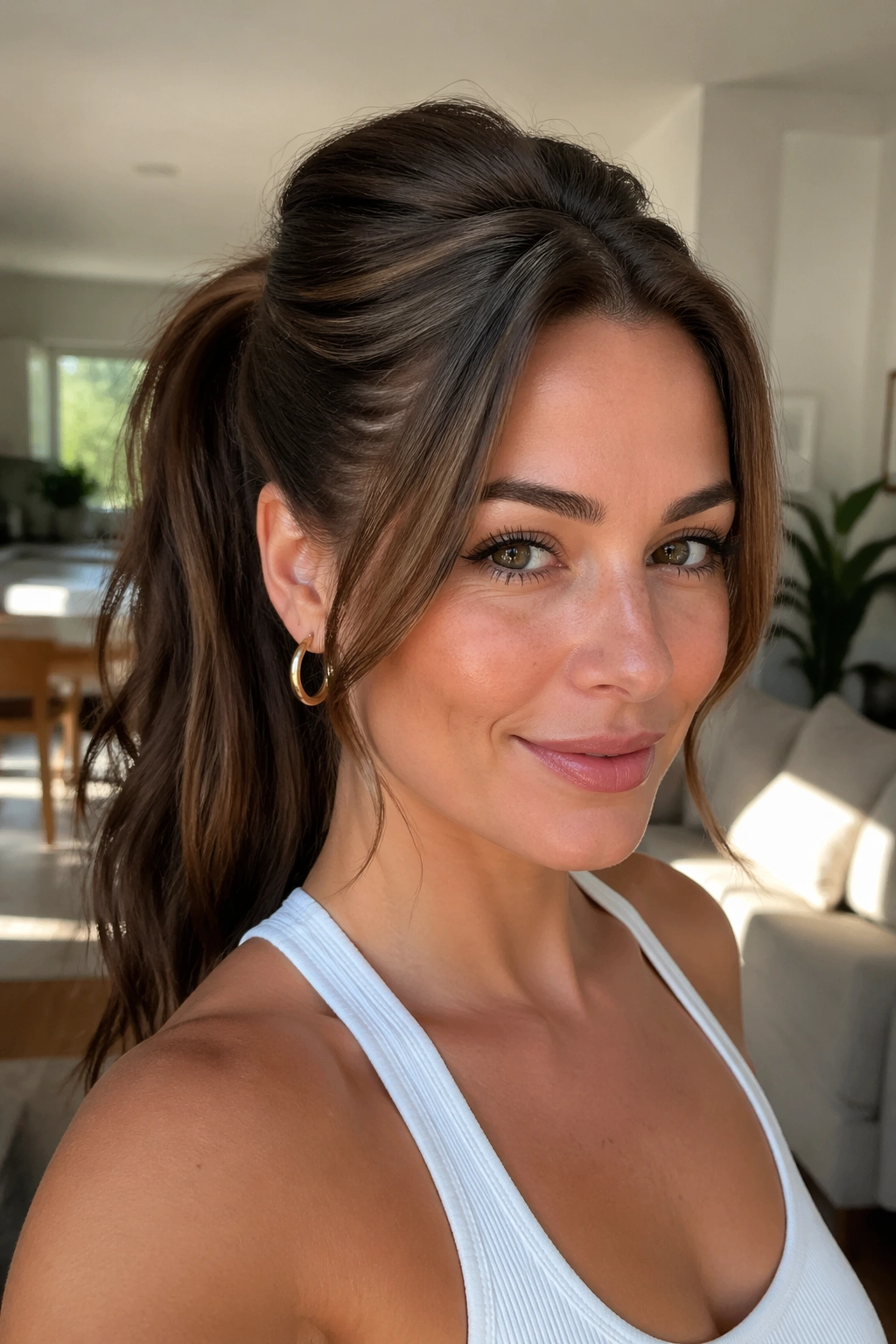Close-up of a real woman with two front swoops into a ponytail