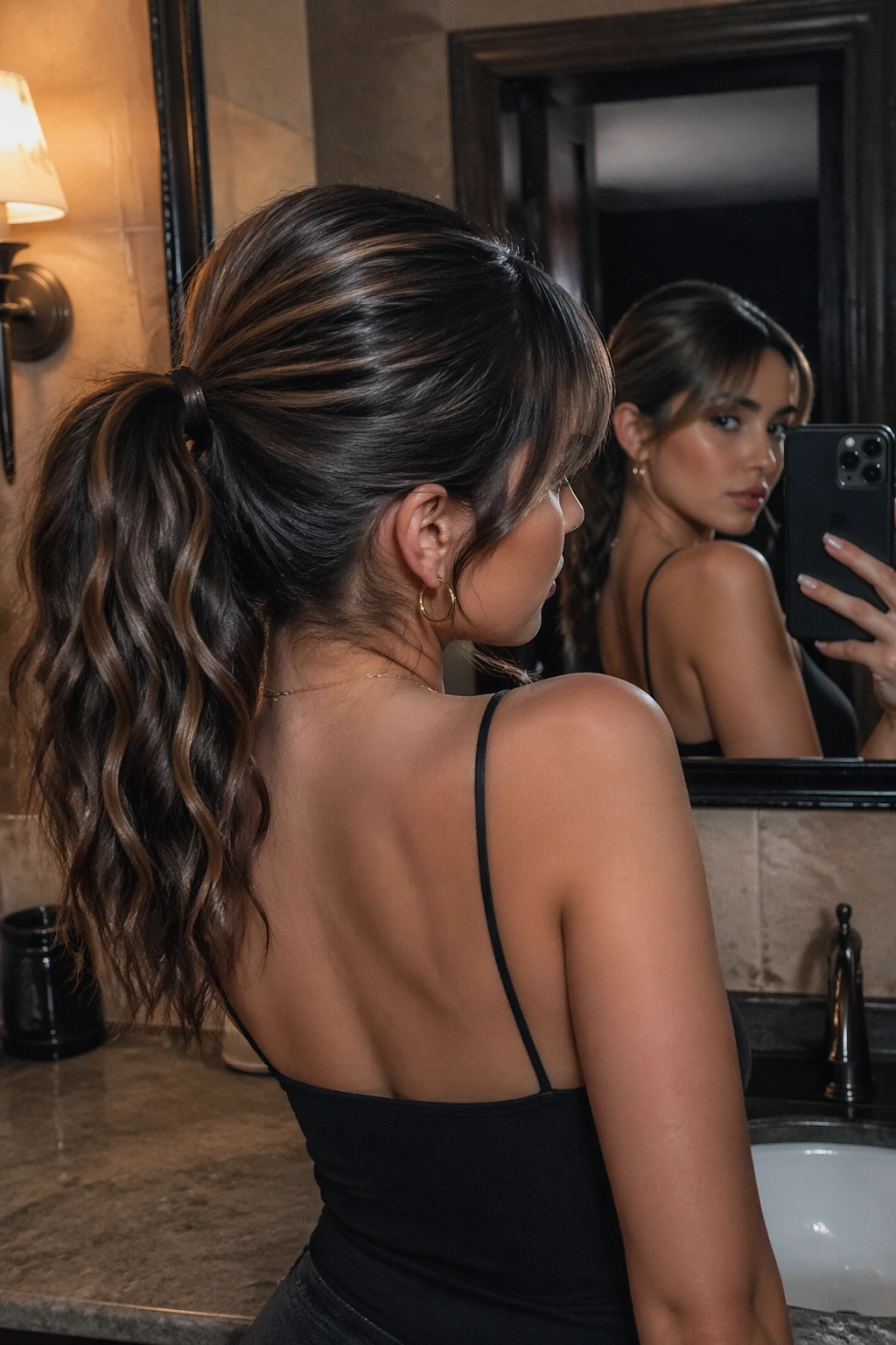 Mirror selfie showing double-texture ponytail and piecey bangs.