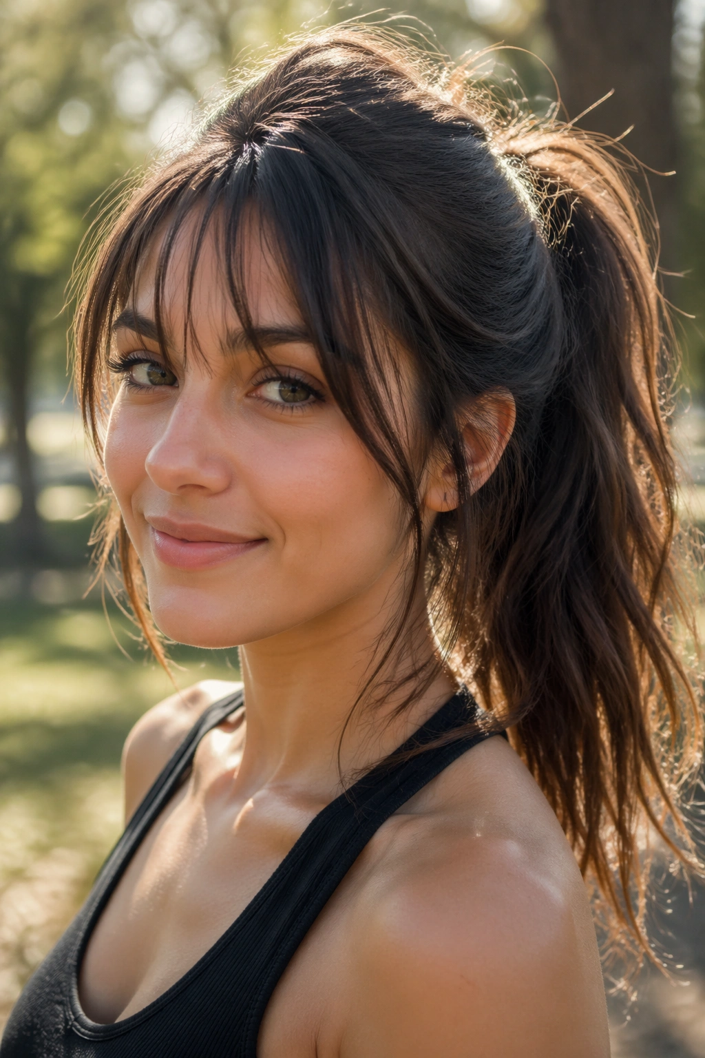 Close-up of a real woman with a double-texture ponytail and airy bangs in a park