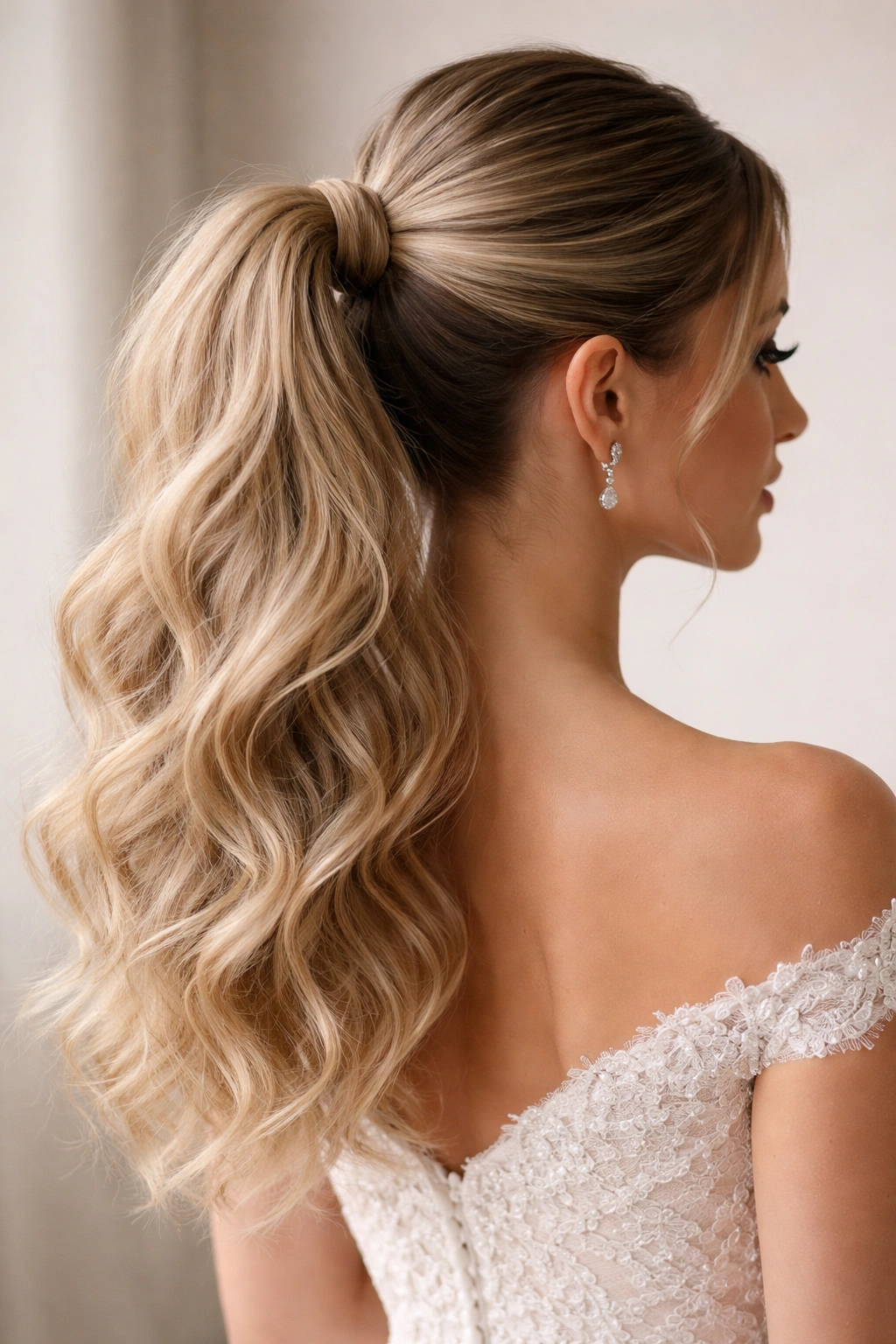 Close-up of a bridal double-texture ponytail showing smooth crown and voluminous textured ends