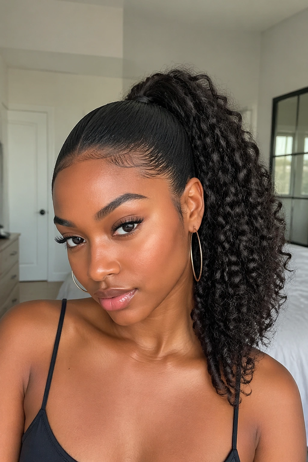 Close-up of a real woman with a double-texture ponytail showing sleek front and curly tail.