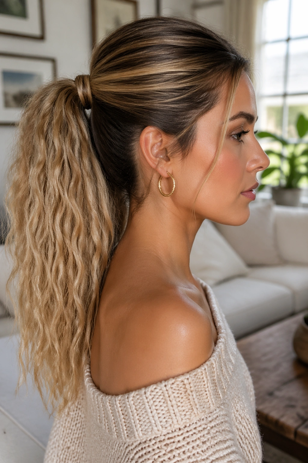 Close-up of a real woman with a top-smooth and bottom-crimped ponytail