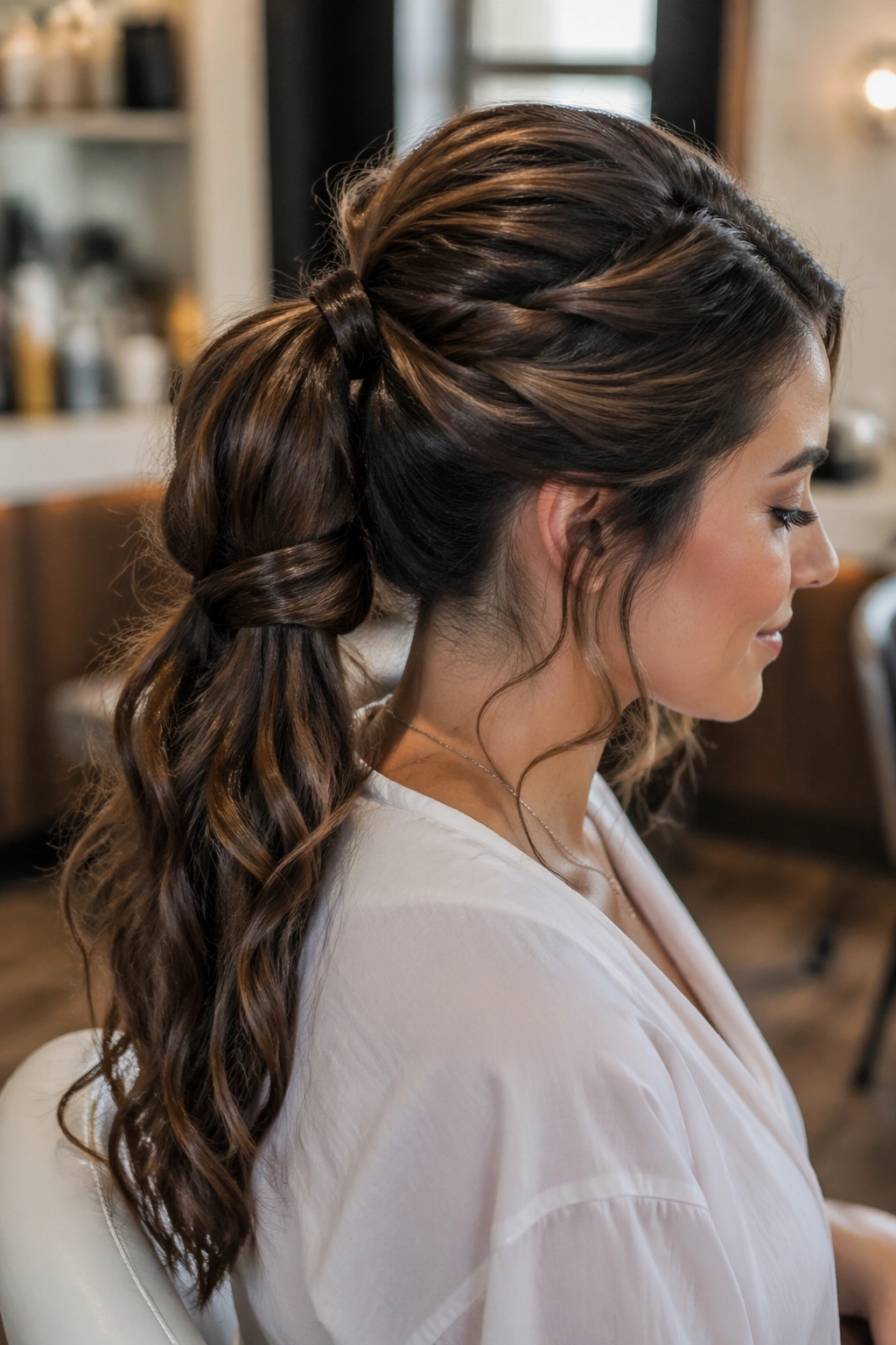 Portrait of woman with thick hair double-texture ponytail