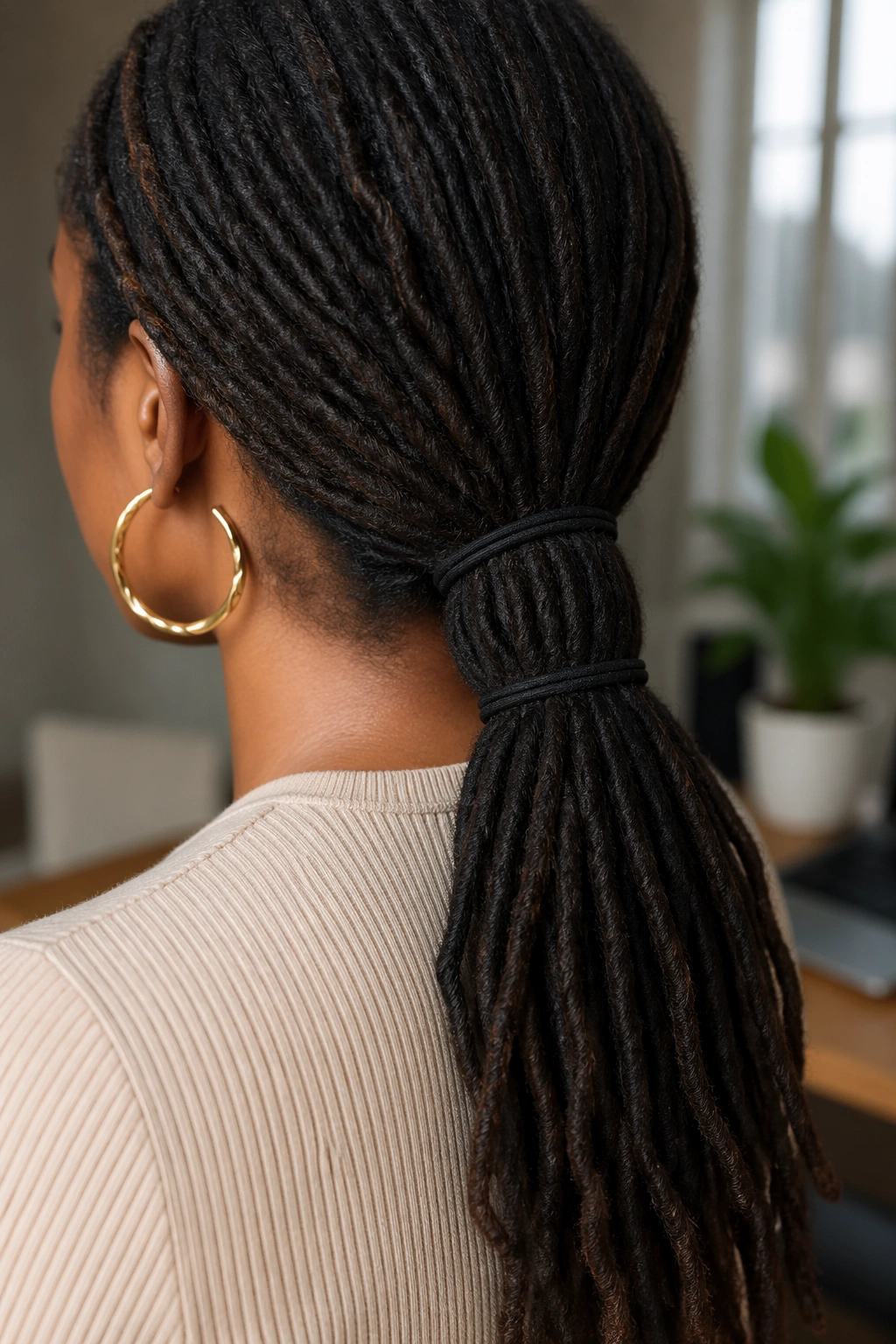 Close-up of double-tie low ponytail on a real person with locs