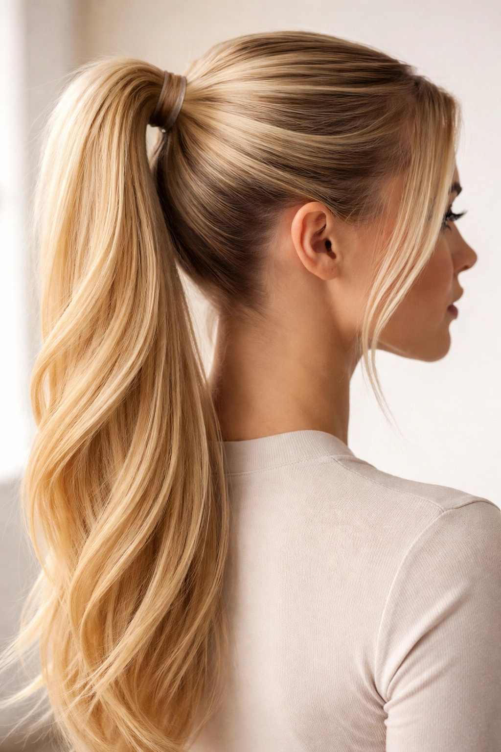 Close-up of a long blonde ponytail with two elastics
