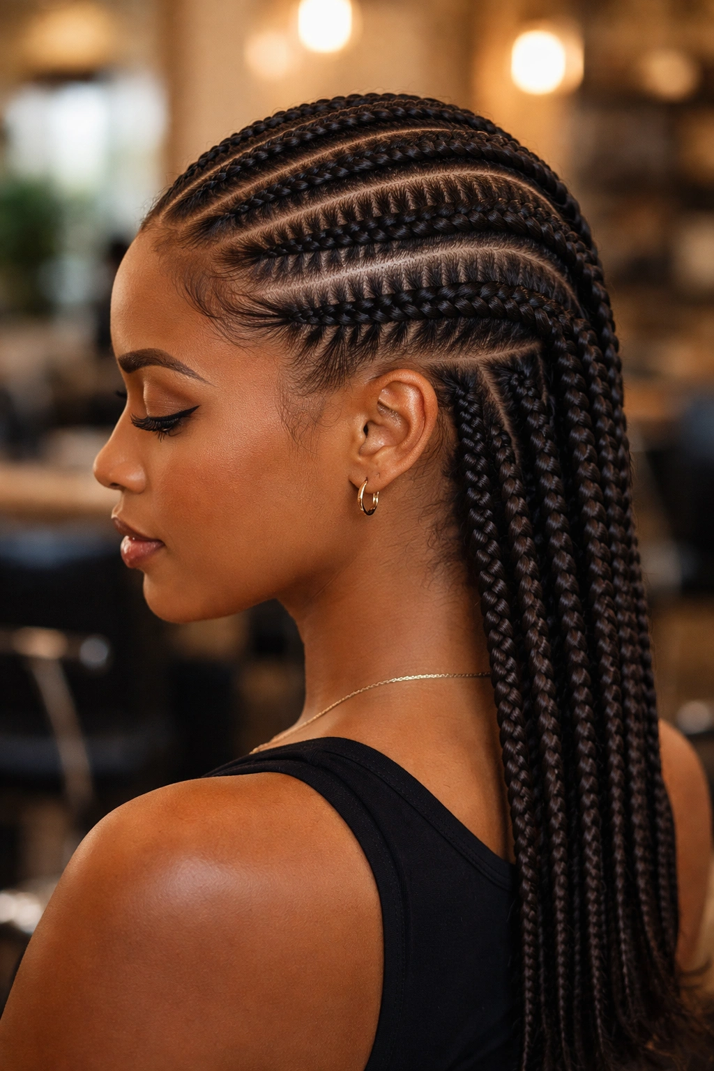 Close-up of a real woman with double-tier all-back cornrows.
