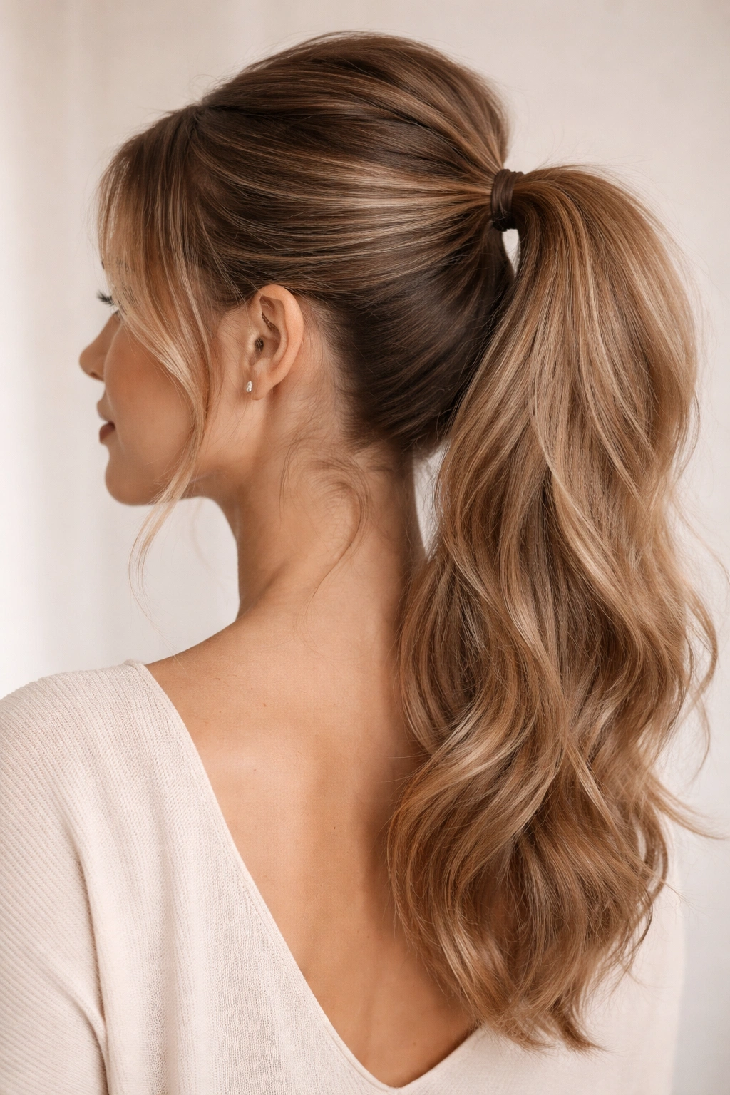 Two-tiered ponytail showing top and bottom sections with draped top over bottom.