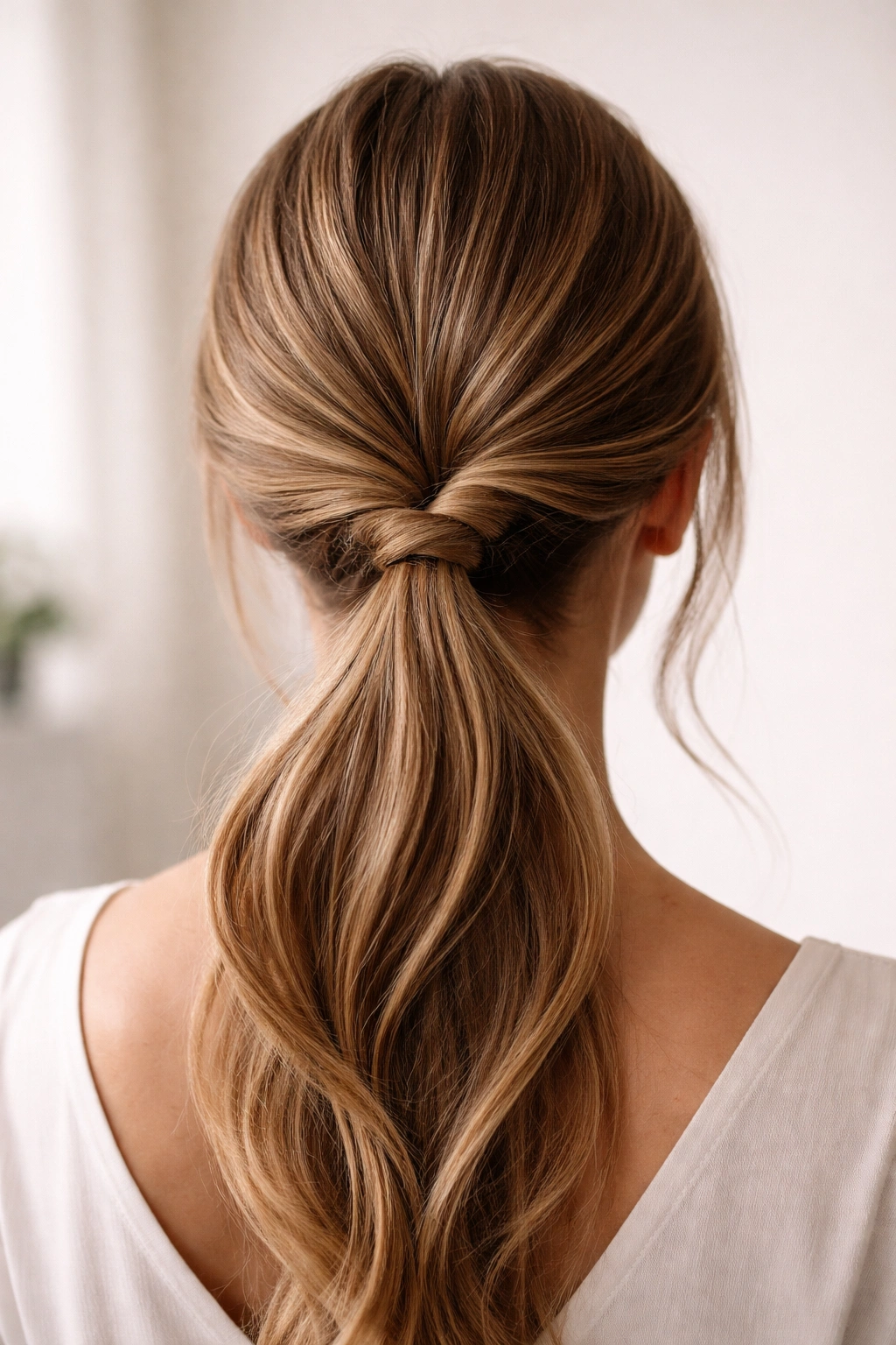 Back view of a low ponytail showing two intertwined twists at the base