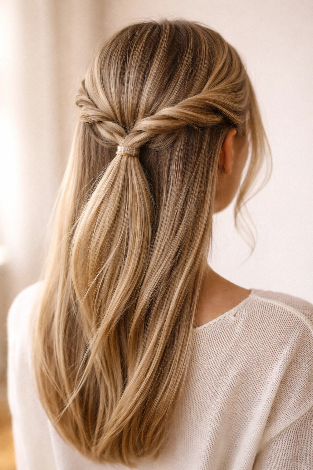Two side twists crossed at the back with a small low ponytail