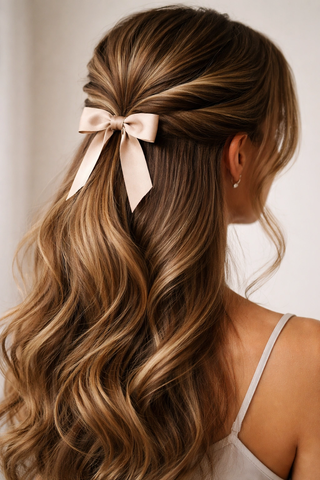 Close-up of a double-twist half up ponytail with a bow on a model in a neutral studio