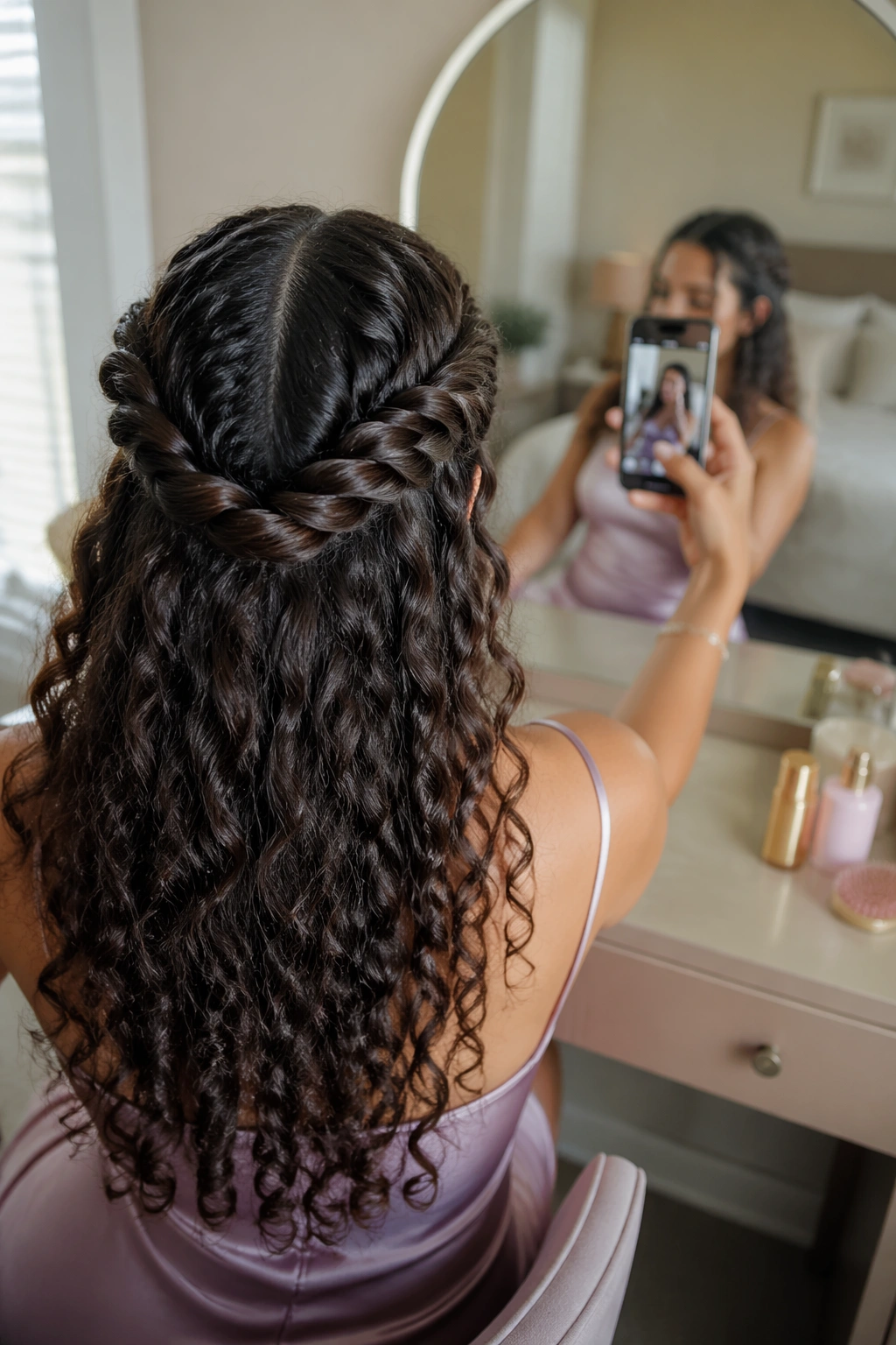 Over-the-shoulder view showing double twists at the center part.