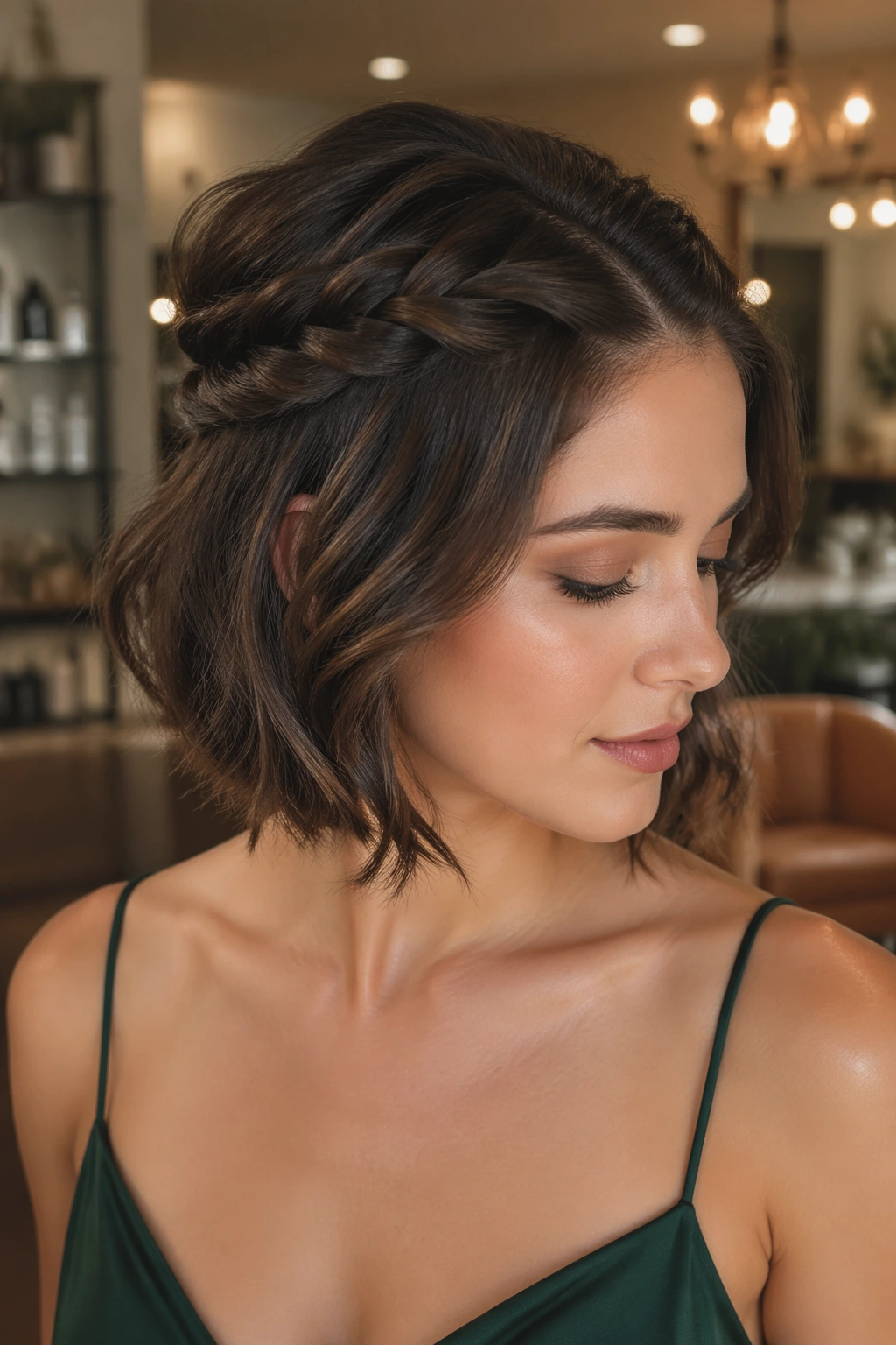 Close-up of a real woman with layered bob showing a double twist crown at the temples.