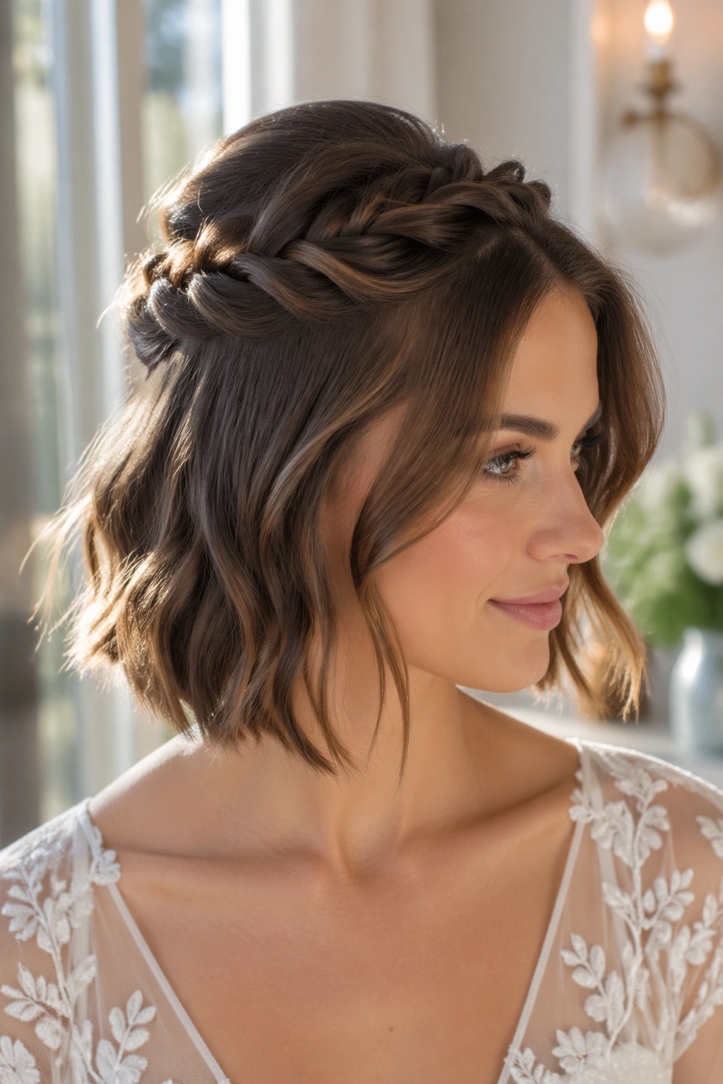 Close-up of double twist crown with side volume on a real head