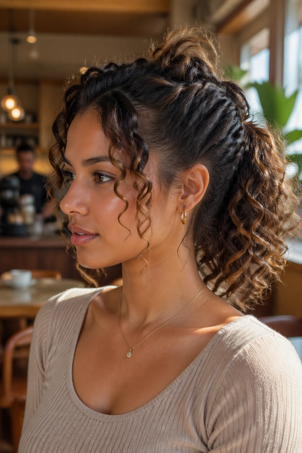 Close-up of a real woman with a double-twist faux ponytail in cafe light