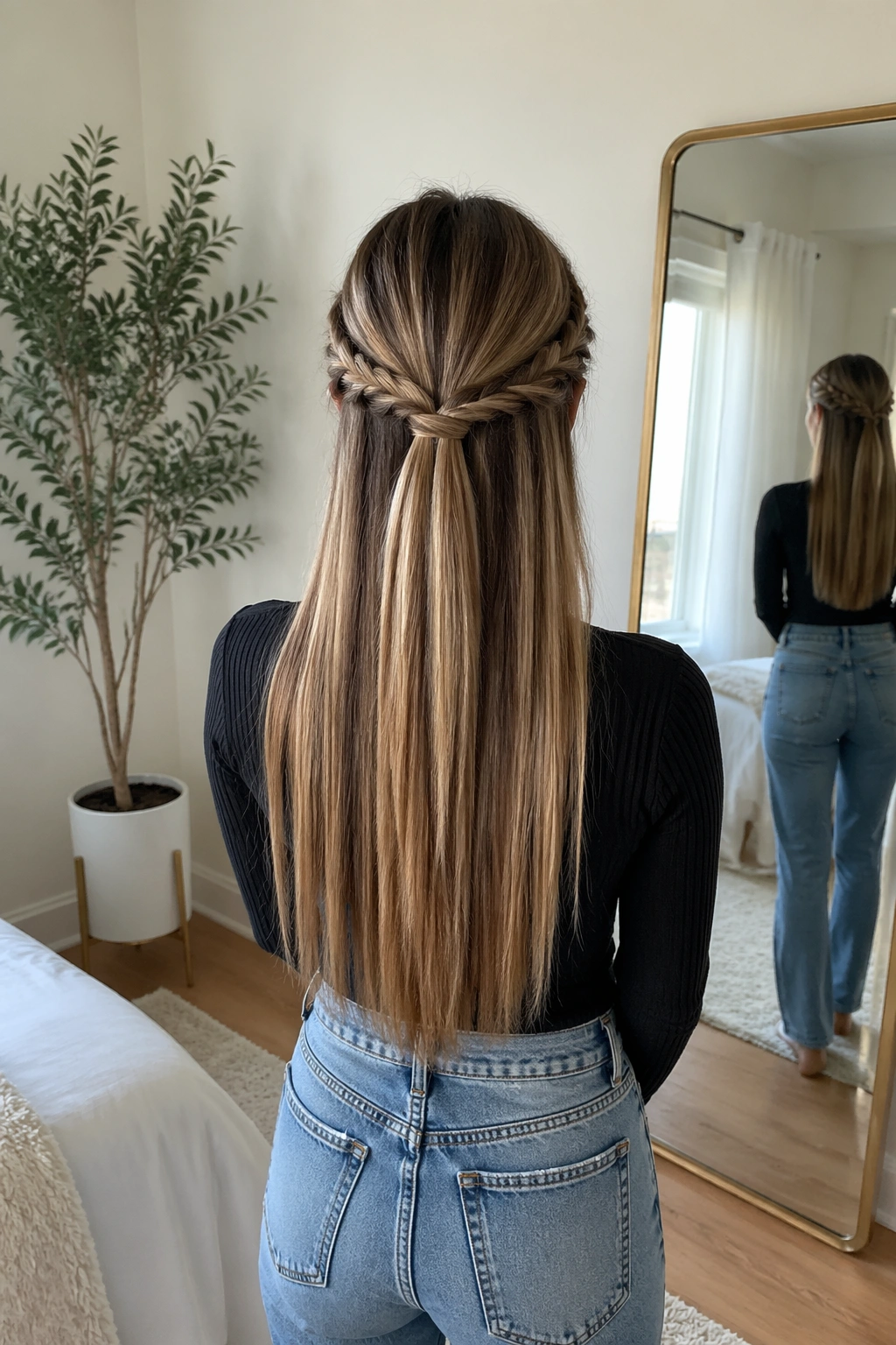 Two twists meet at the crown to form a lifted half-up hairstyle in a bright room.