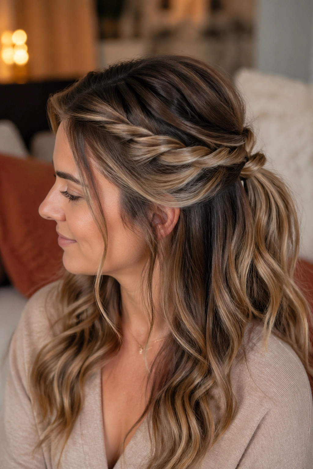 Real woman with double twist half up ponytail, two twists pulled into center ponytail