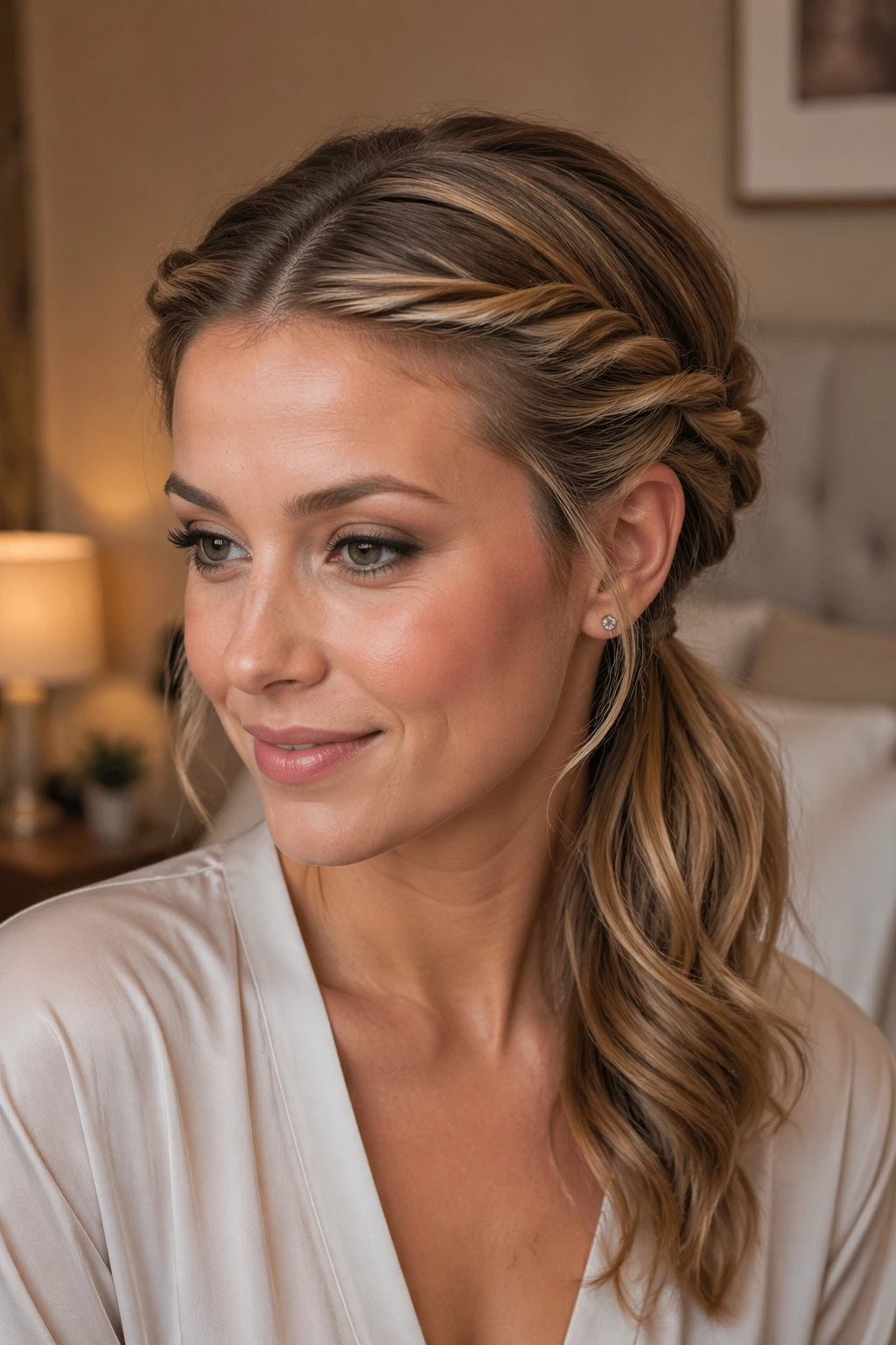 Close-up of a real woman with two temple twists into a low ponytail