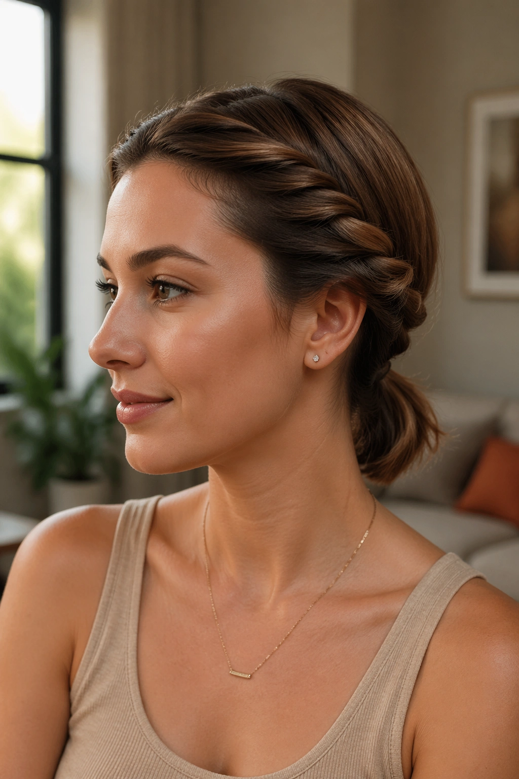 Close-up of a real woman with two temple twists into a low ponytail