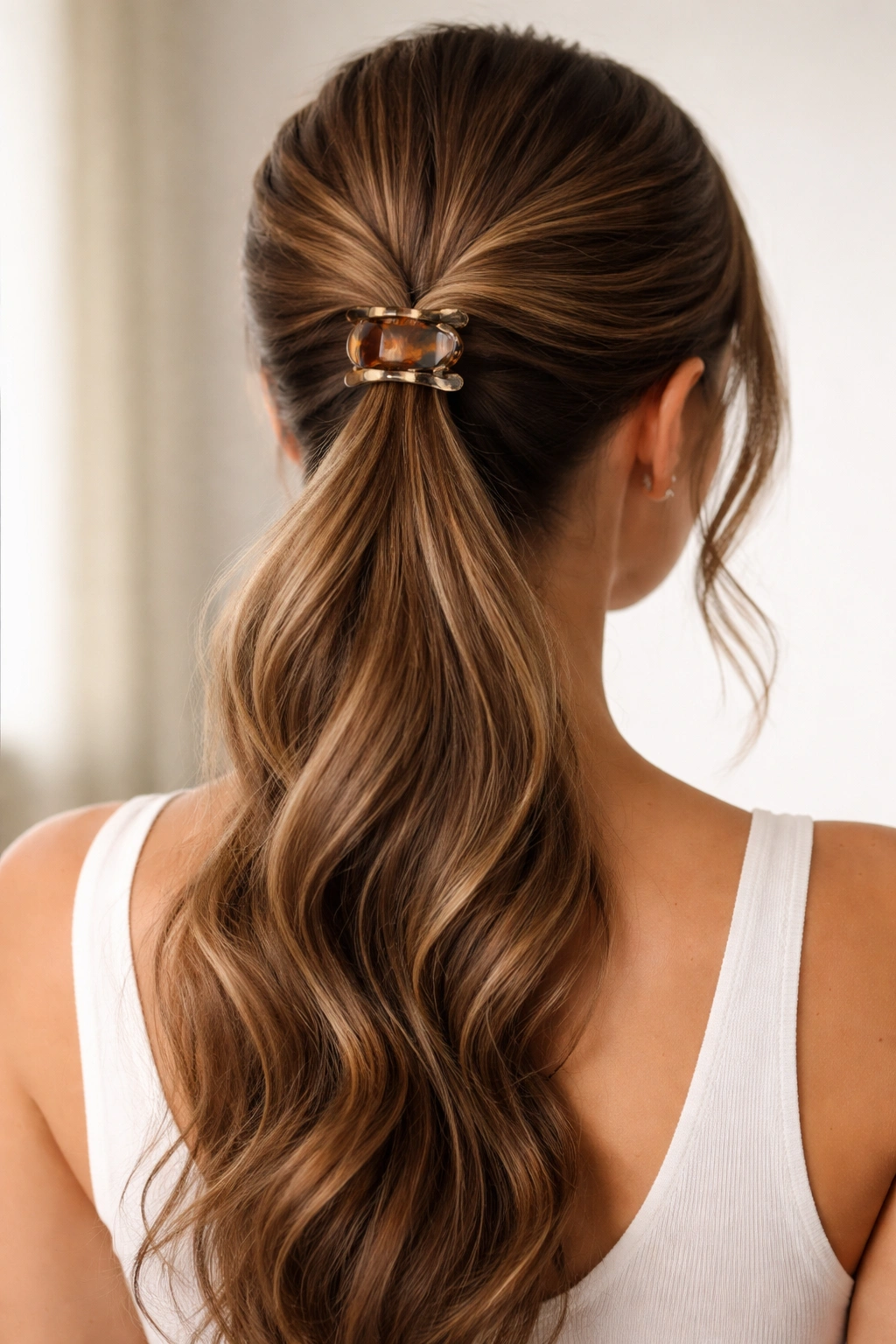 Double-twist ponytail with two twists meeting at back