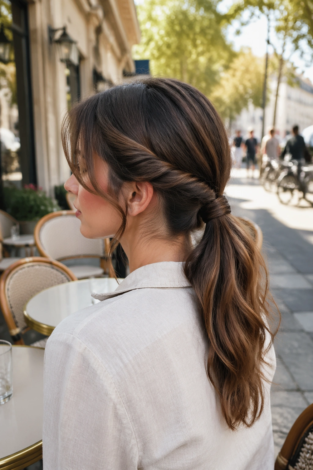 Wide shot of double-twist low ponytail at a sunny cafe.