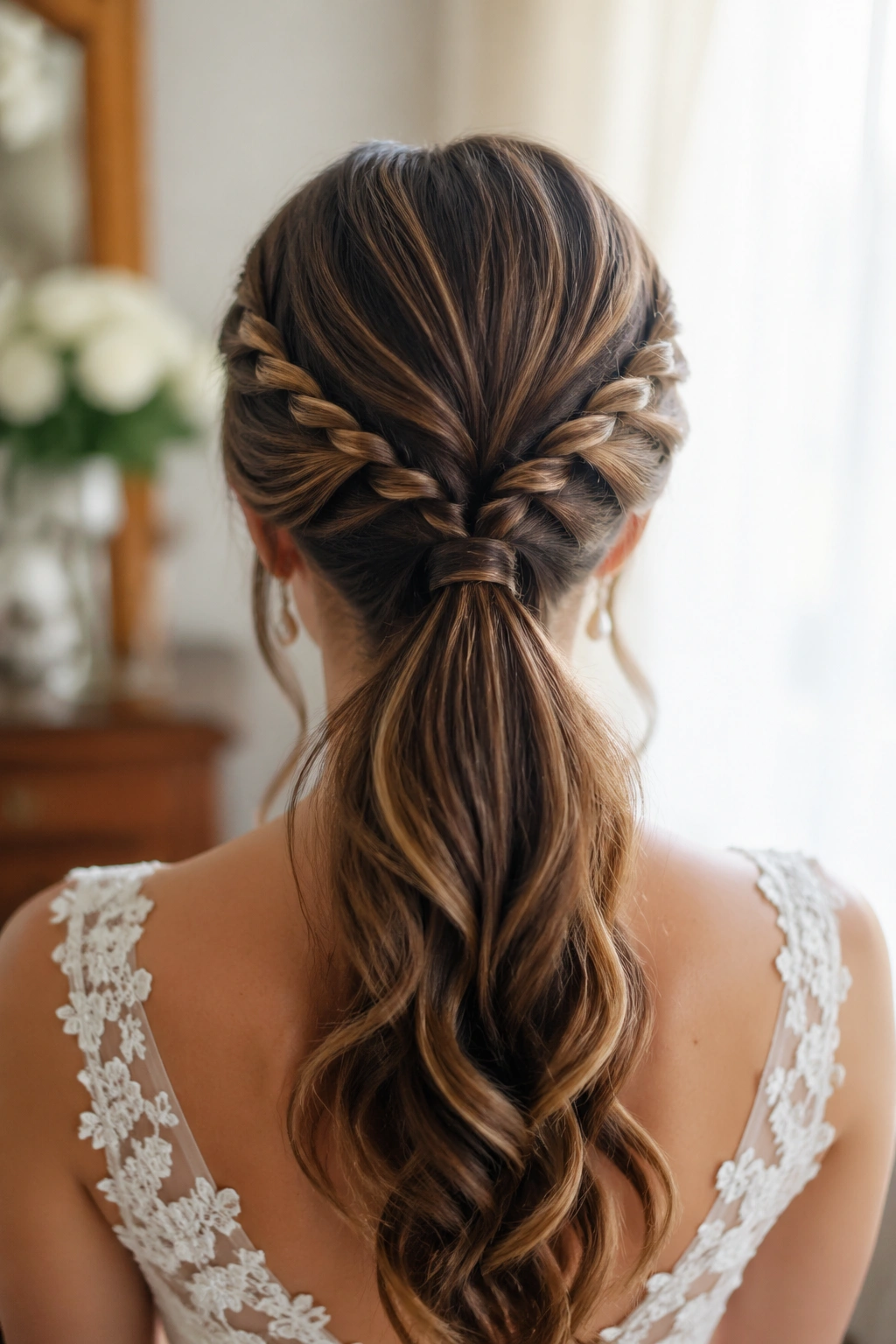 Back view of a bride with a double-twist ponytail