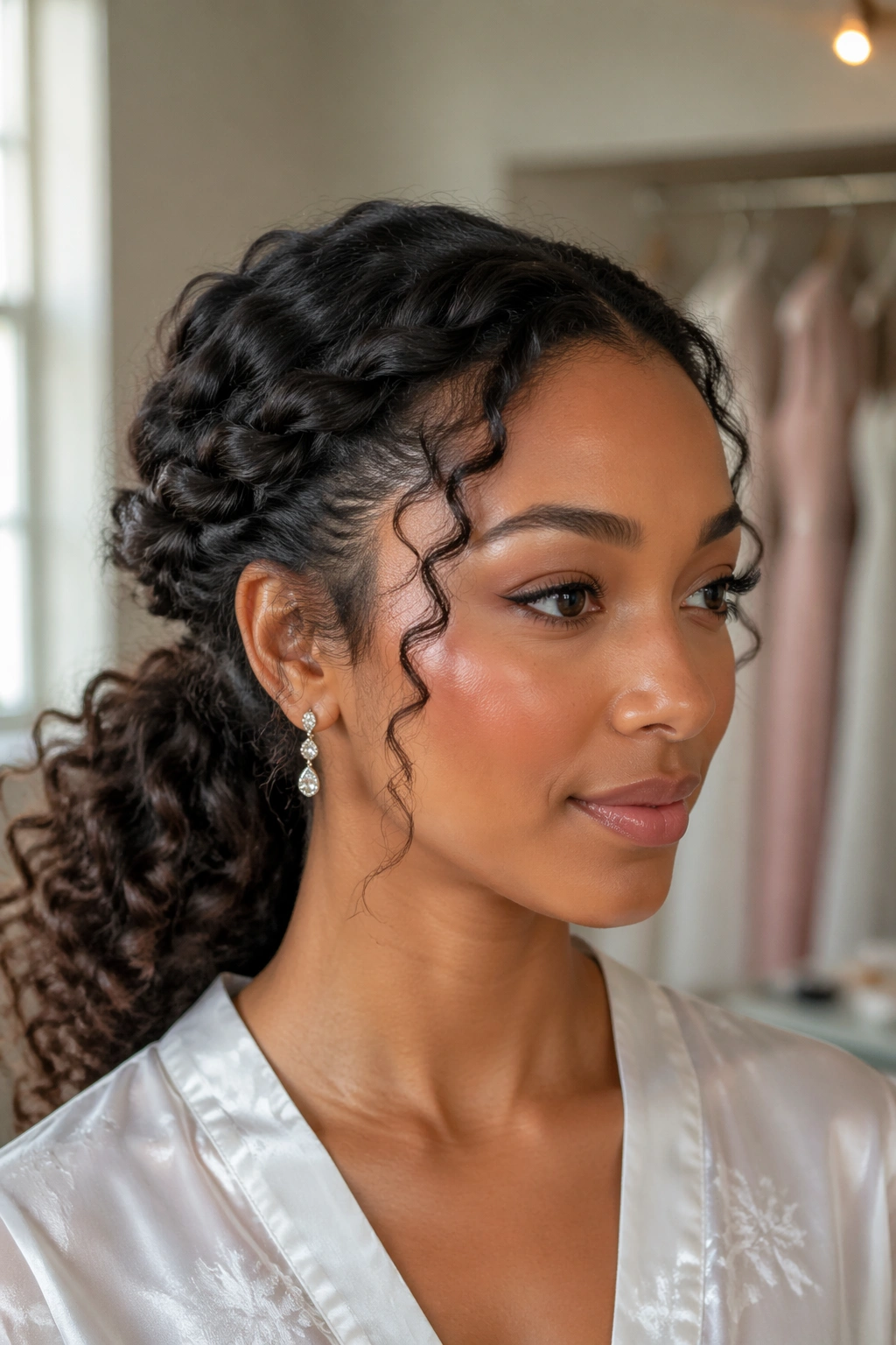 Real woman with double-twist curly ponytail in bridal dressing room