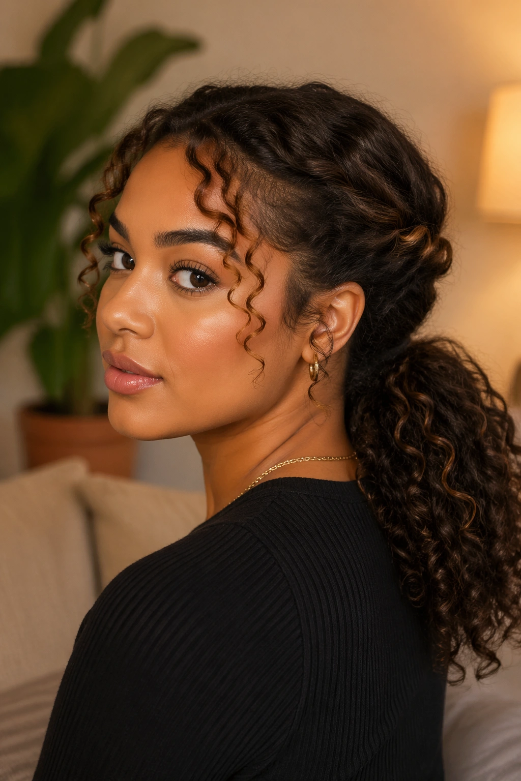 Close-up of real person with double-twist ponytail in living room light