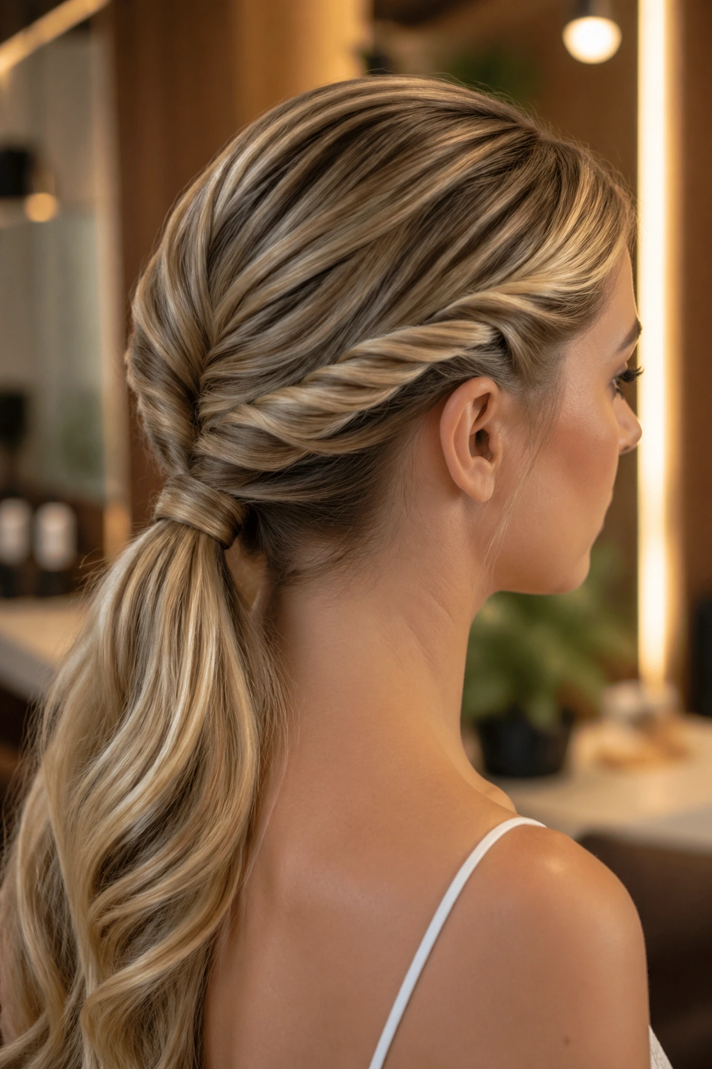 Close-up of a real woman with two twists forming a ponytail at the nape