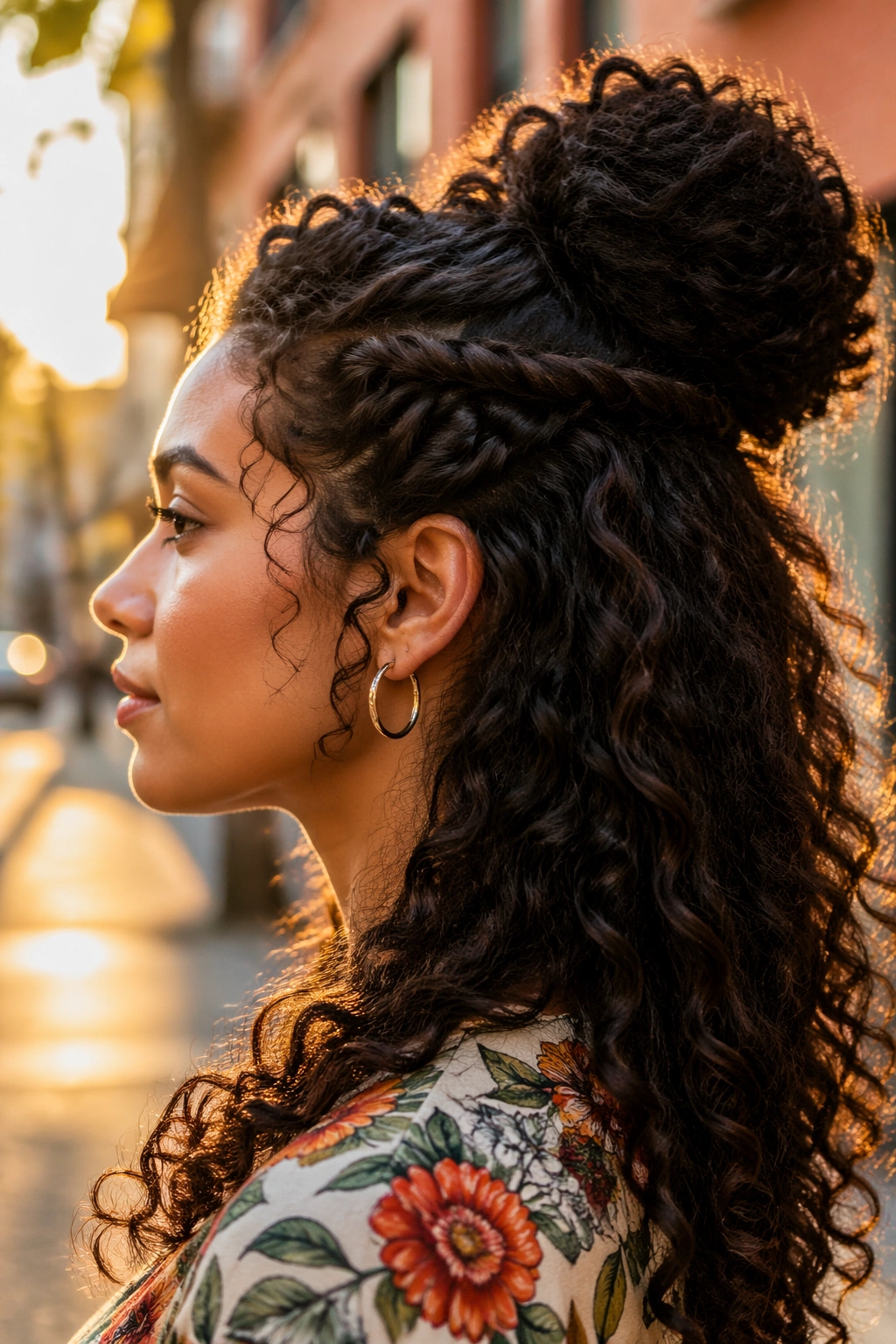 Side profile of double-twist puff bun on thick curls